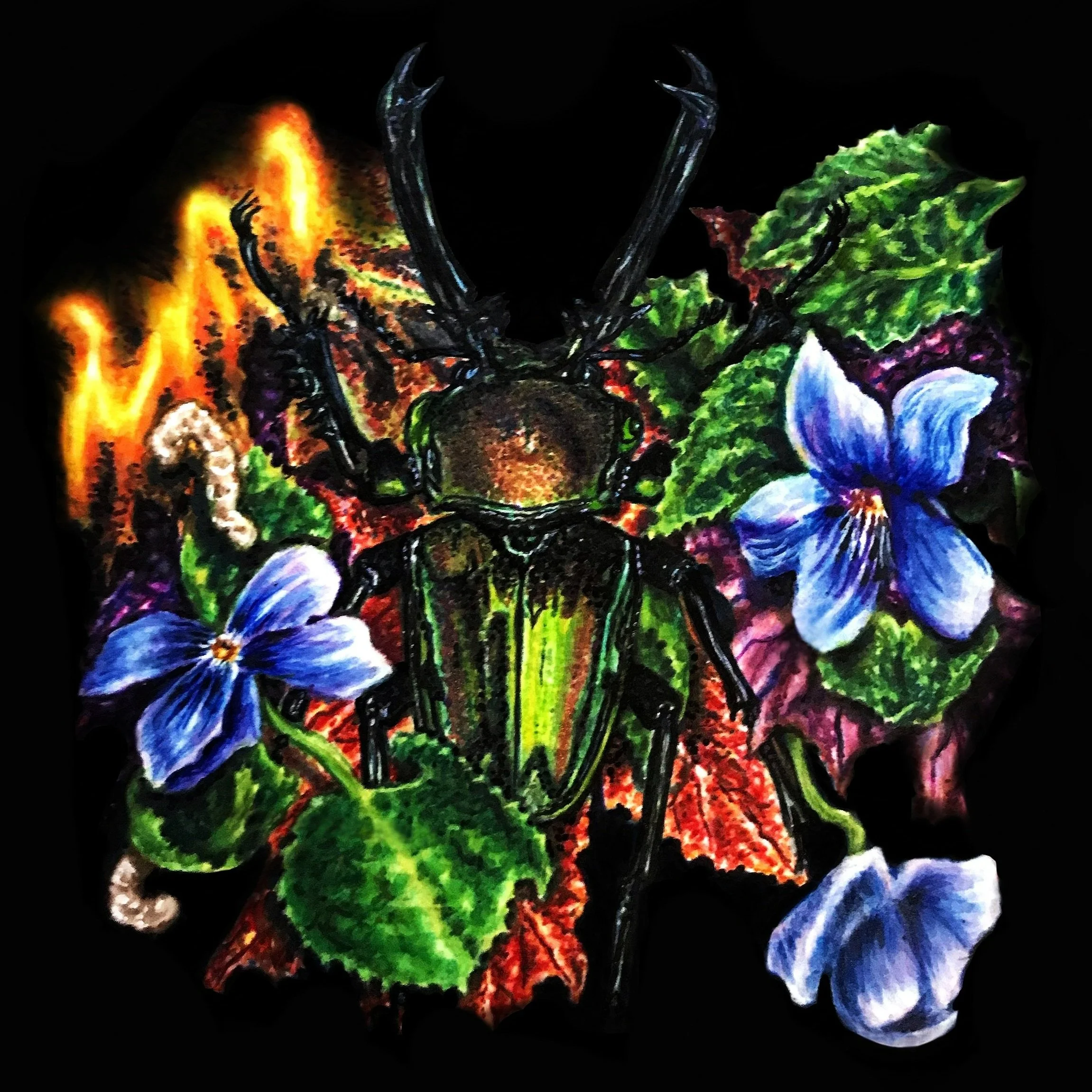 Horned irridescent beetle surrounded by wild violets and autumn maples leaves with maggots and fire.