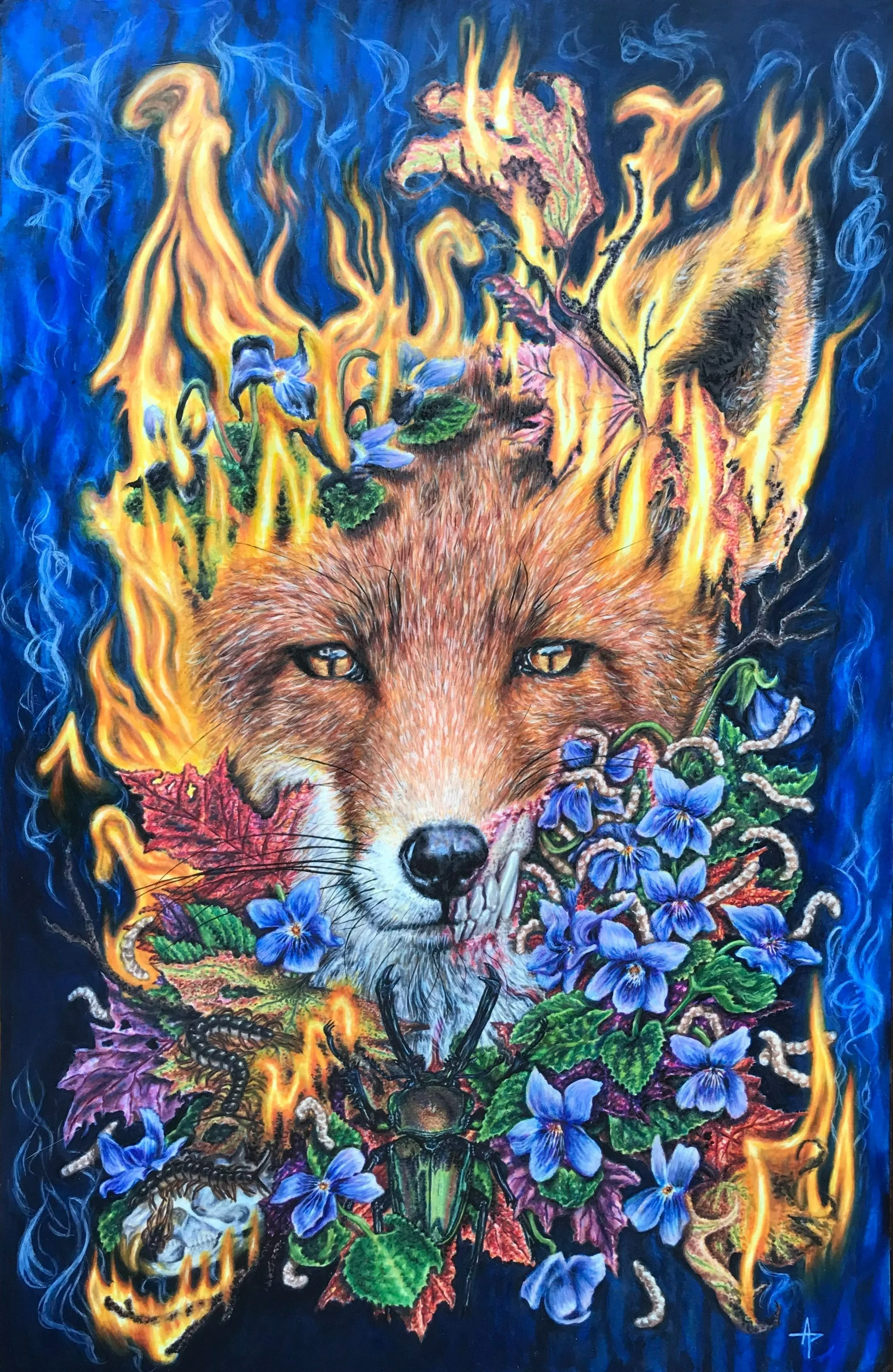 God of Fire, 2023, acohol-based marker, acrylic, 11 inches by 14 inches.