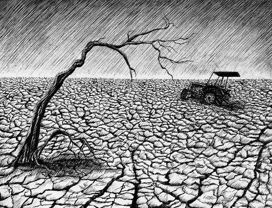 D is for Desertification, 2019, pen and ink, 9.5 inches by 11 iches.