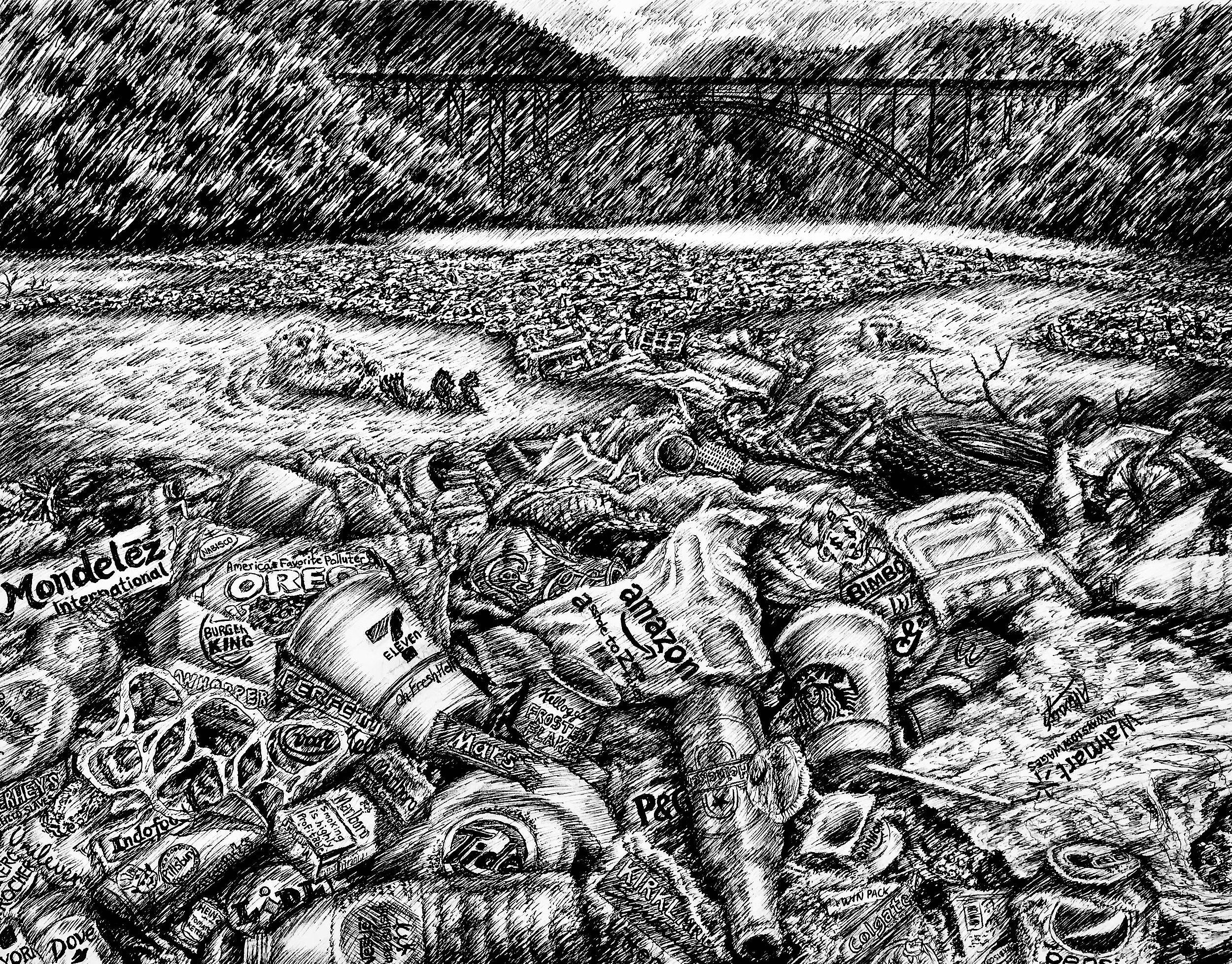 J is for Junk, 2021, pen and ink, 9.5 inches by 11 inches.