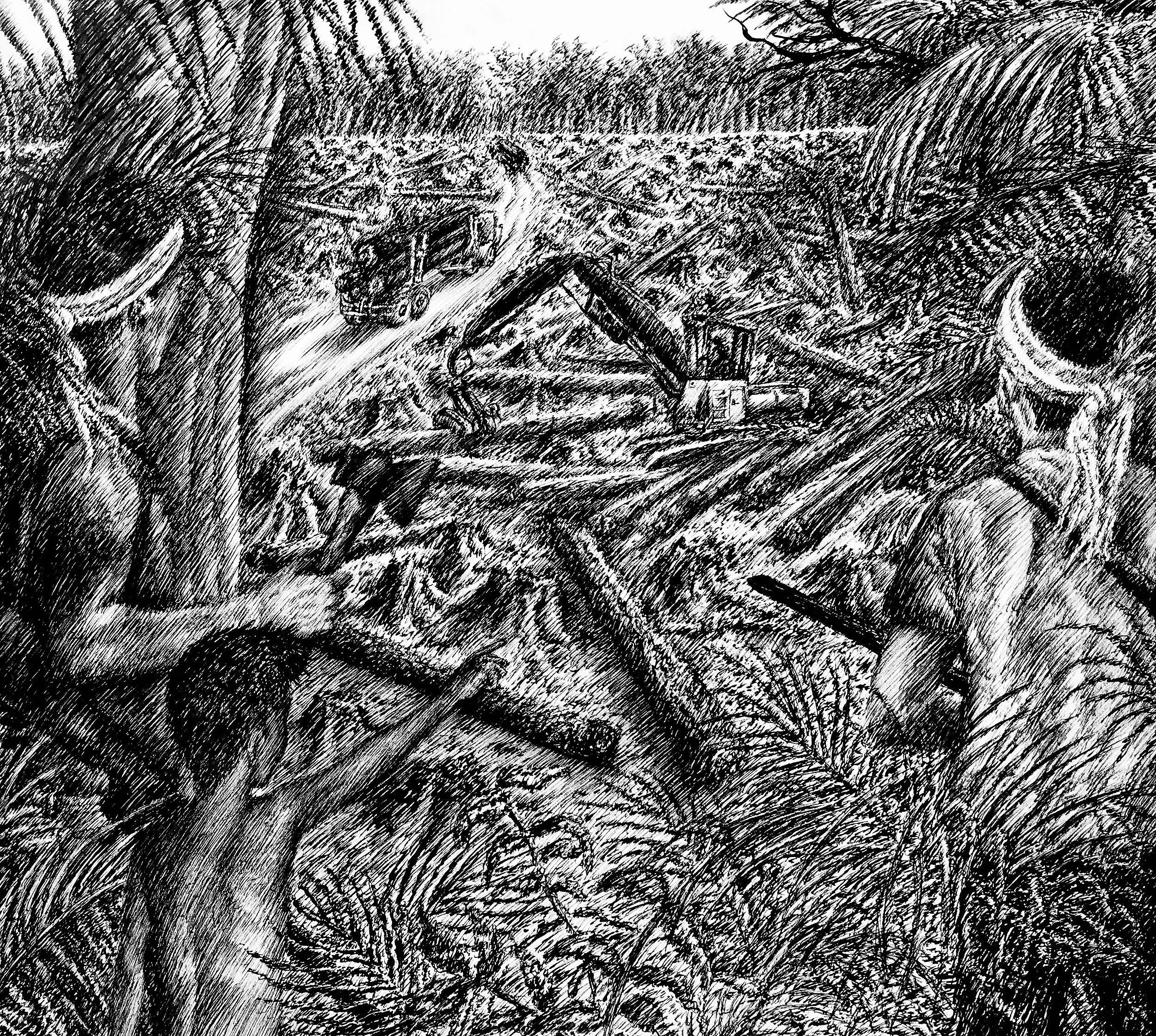 L is for Logging, 2016, pen and ink, 9.5 inches by 11 inches.