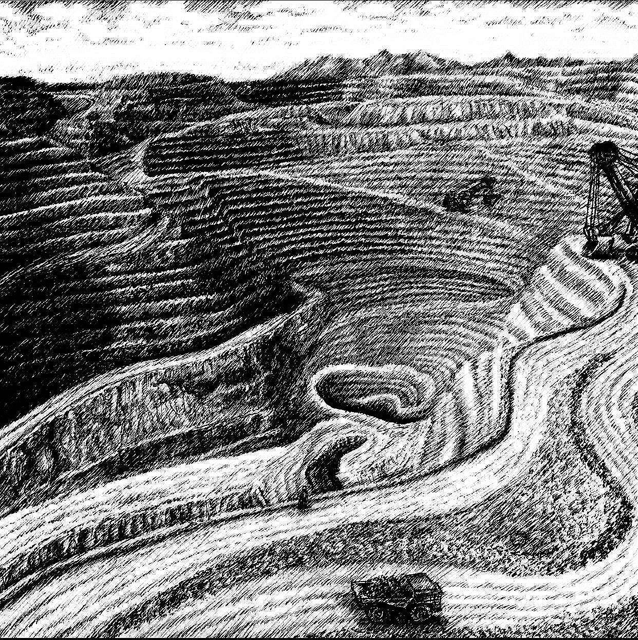 M is for Mining, 2018, pen and ink, 9.5 inches by 11 inches.