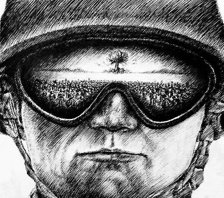 N is for Nuclear, 2016, pen and ink, 9.5 inches by 11 inches.