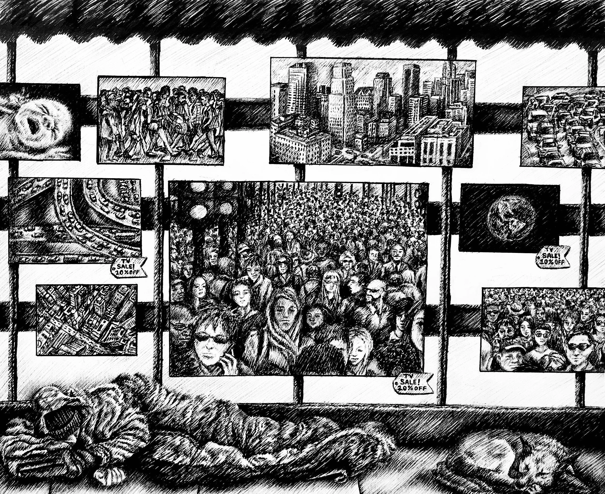 O is for Overpopulation, 2018, pen and ink, 9.5 inches by 11 inches.