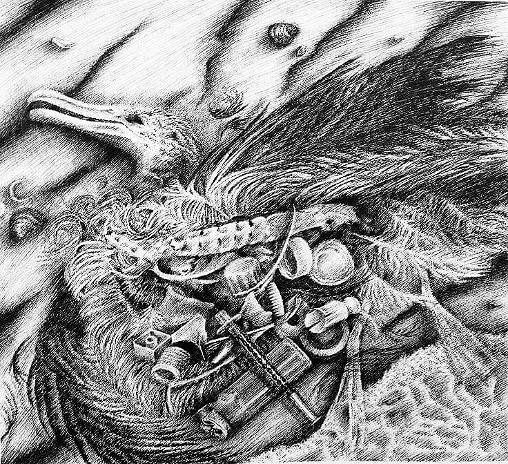 P is for Plastic, 2015, pen and ink, 9.5 inches by 11 inches.