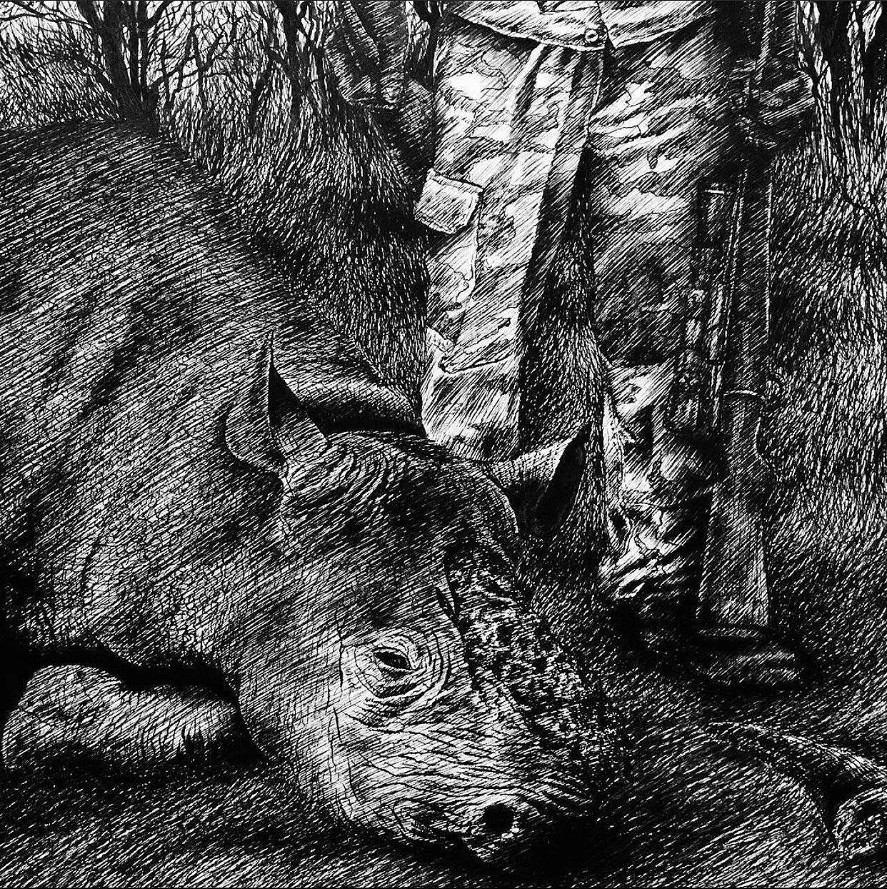 R is for Rhino, 2014, pen and ink, 9.5 inches by 11 inches.