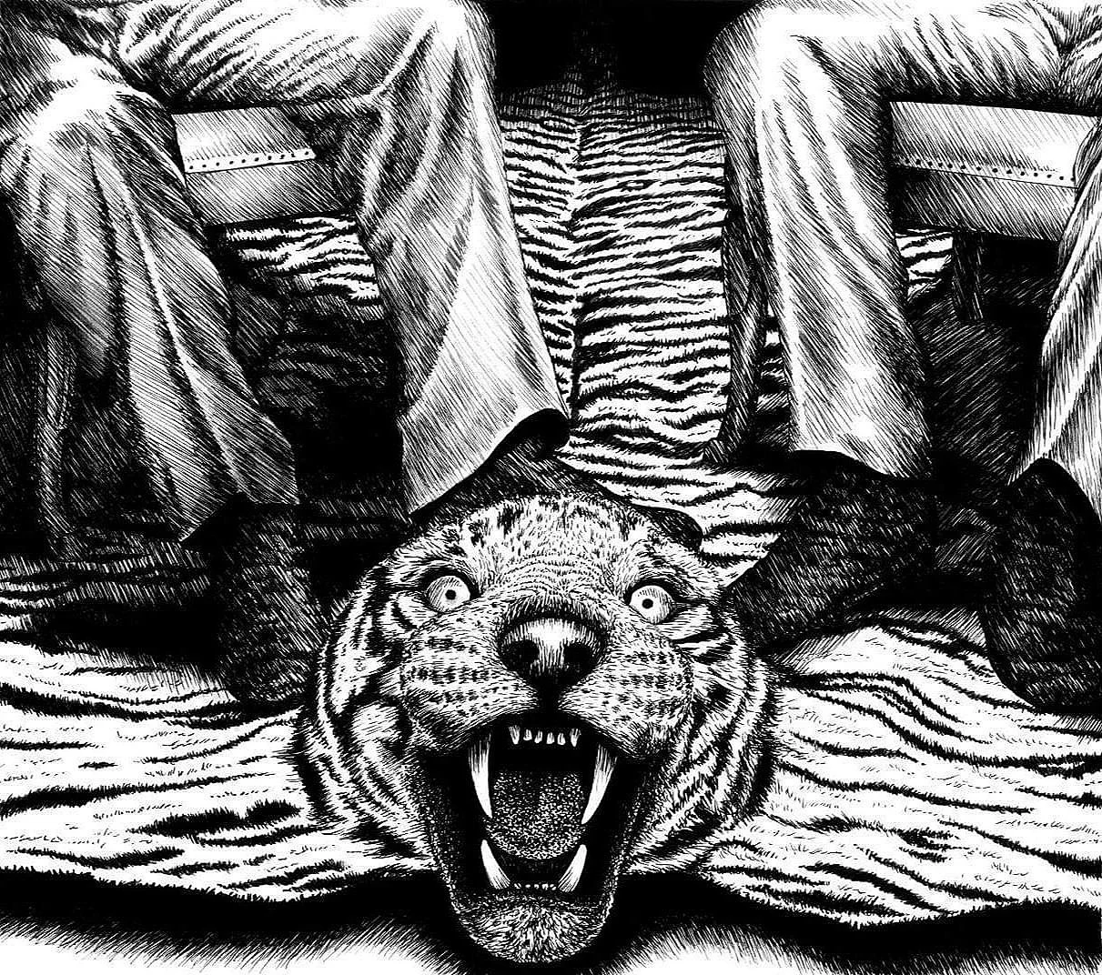 T is for Tiger, 2014, pen and ink, 9.5 inches by 11 inches.