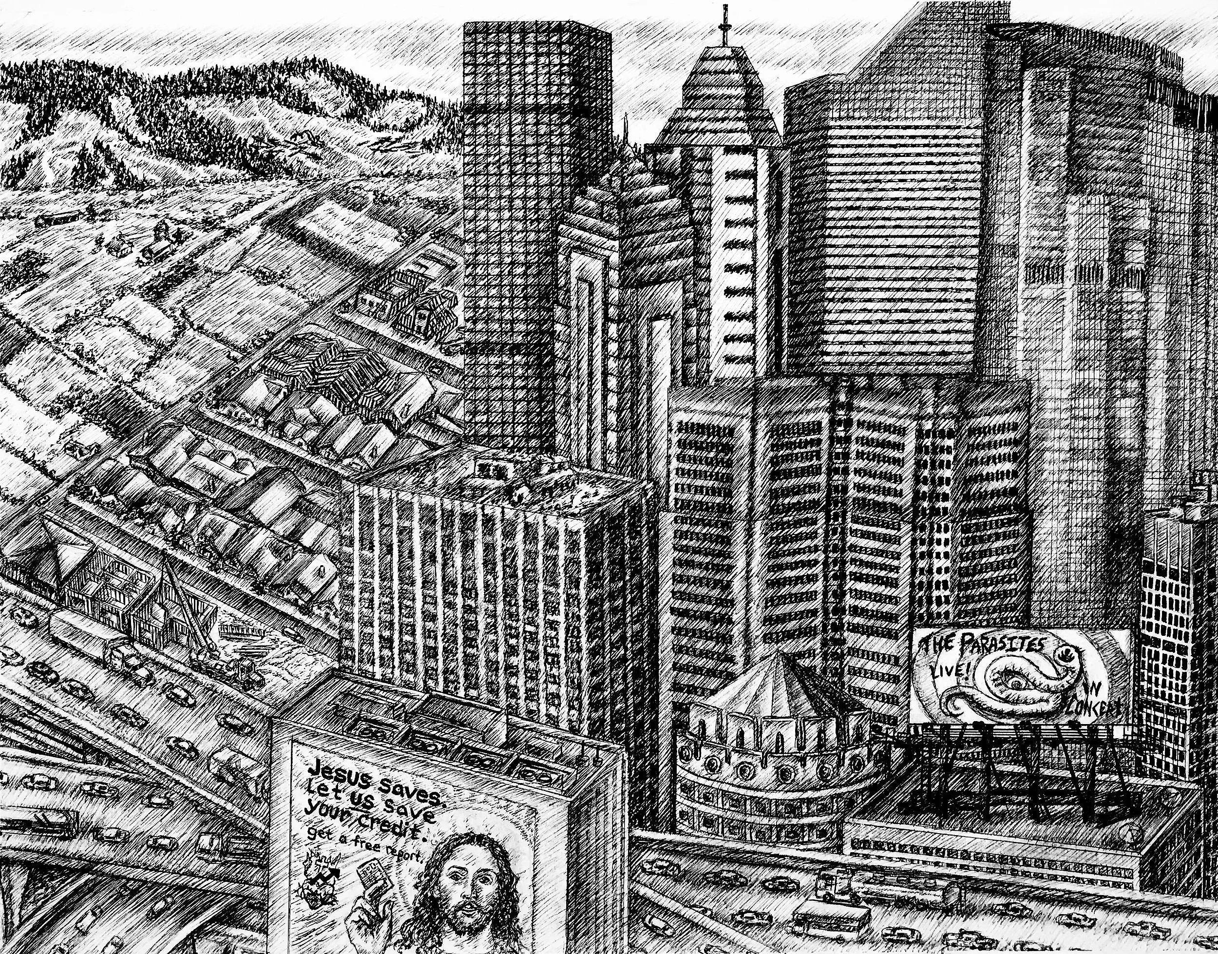 U is for Urbanization, 2022, pen and ink, 9.5 inches by 11 inches.