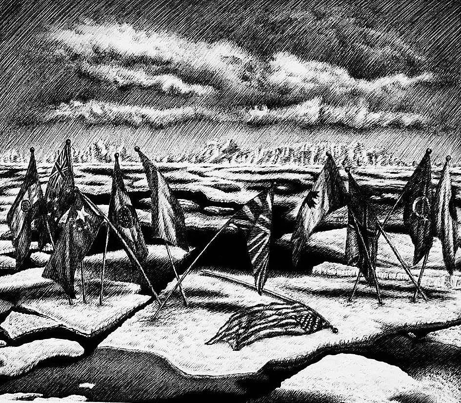 W is for Warming, 2019, pen and ink, 9.5 inches by 11 inches.