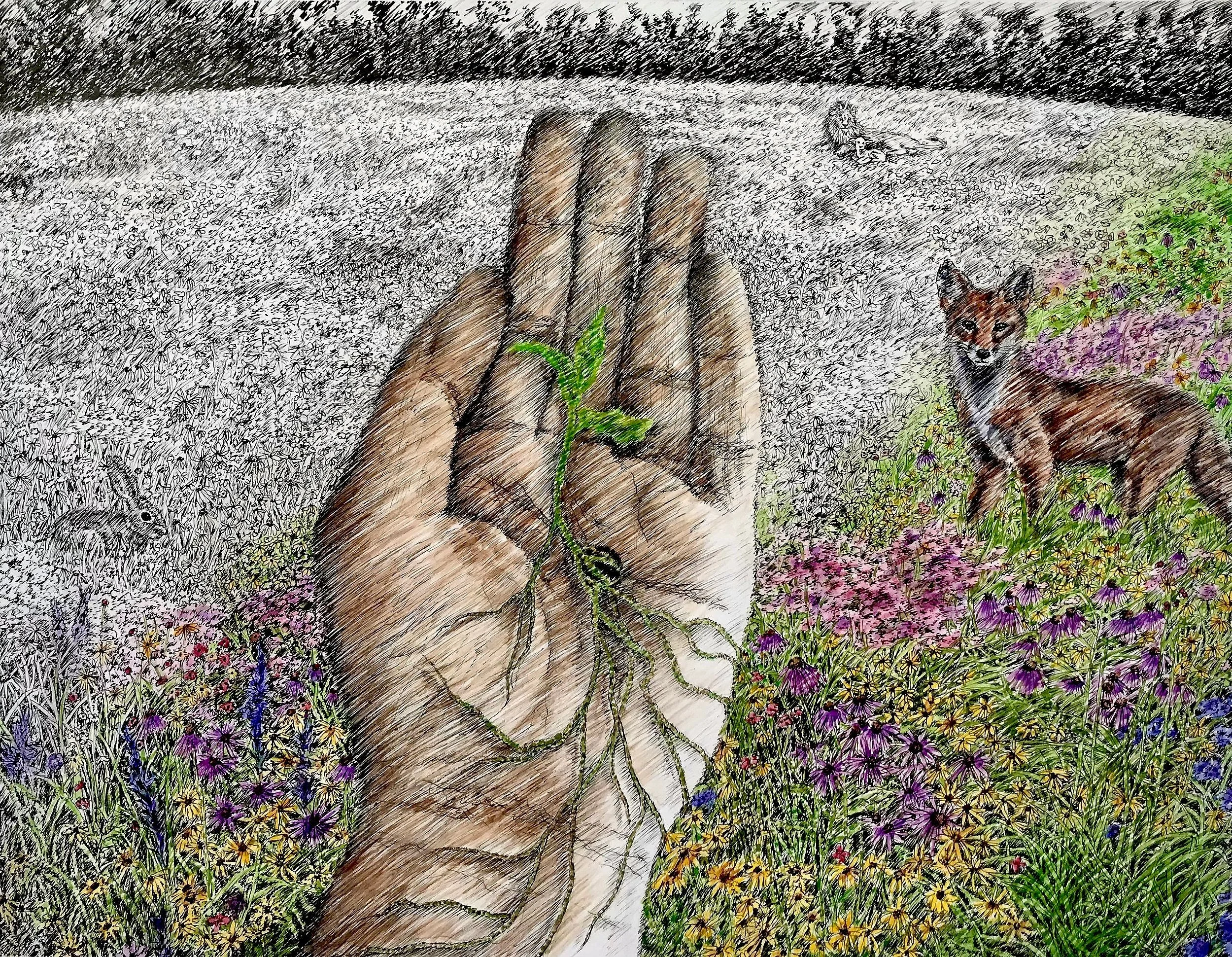 Z is for Zero Impact, 2022, pen, ink, and watercolor, 9.5 inches by 11 inches.
