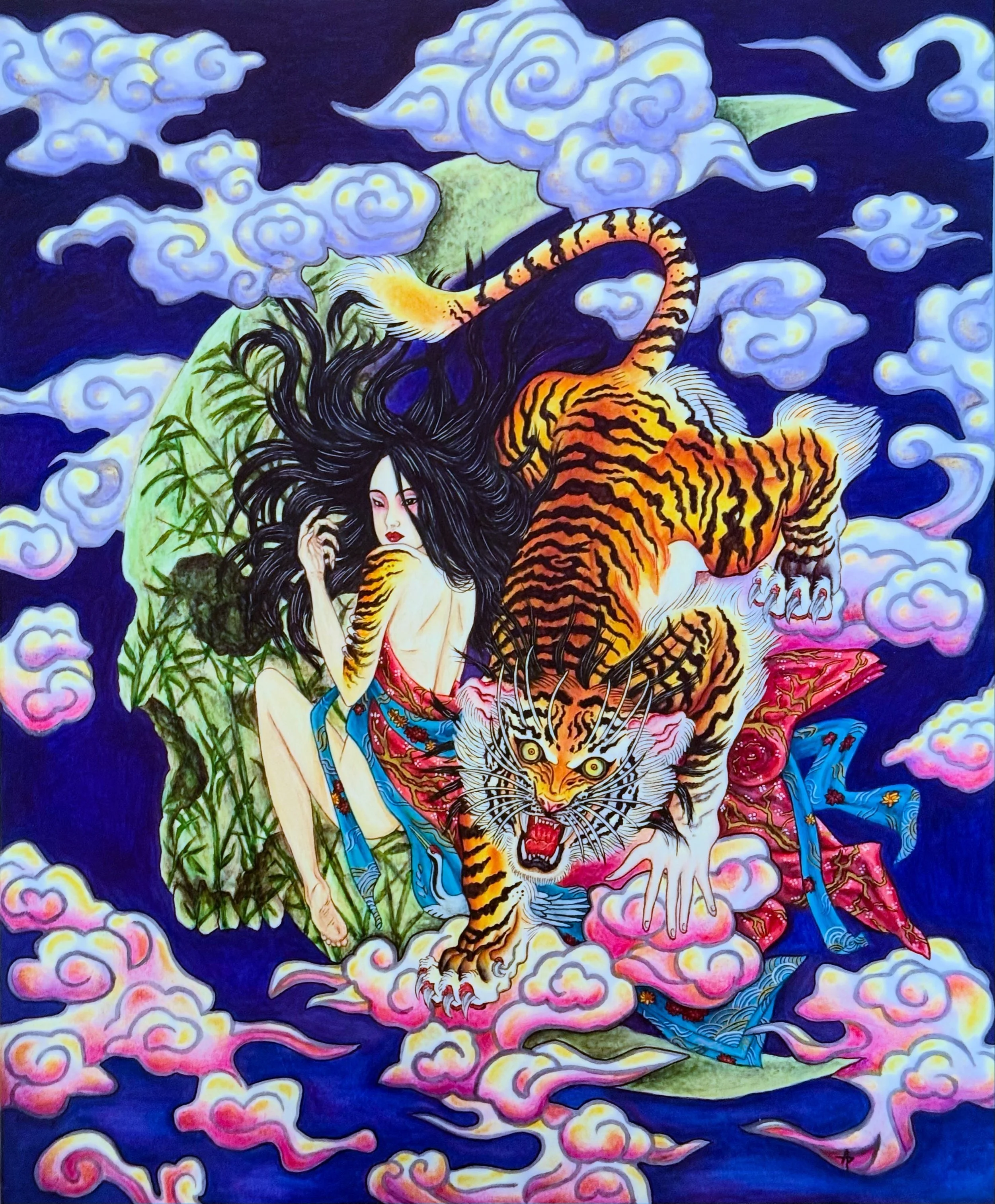 Mokuhanga style marker and acrylic drawing of woman transforming into a tiger with a kimono and aspect of a tiger transforming into the woman beside her floating in the sky amid purple and pink colored clouds with a skull moon and bamboo overlaying