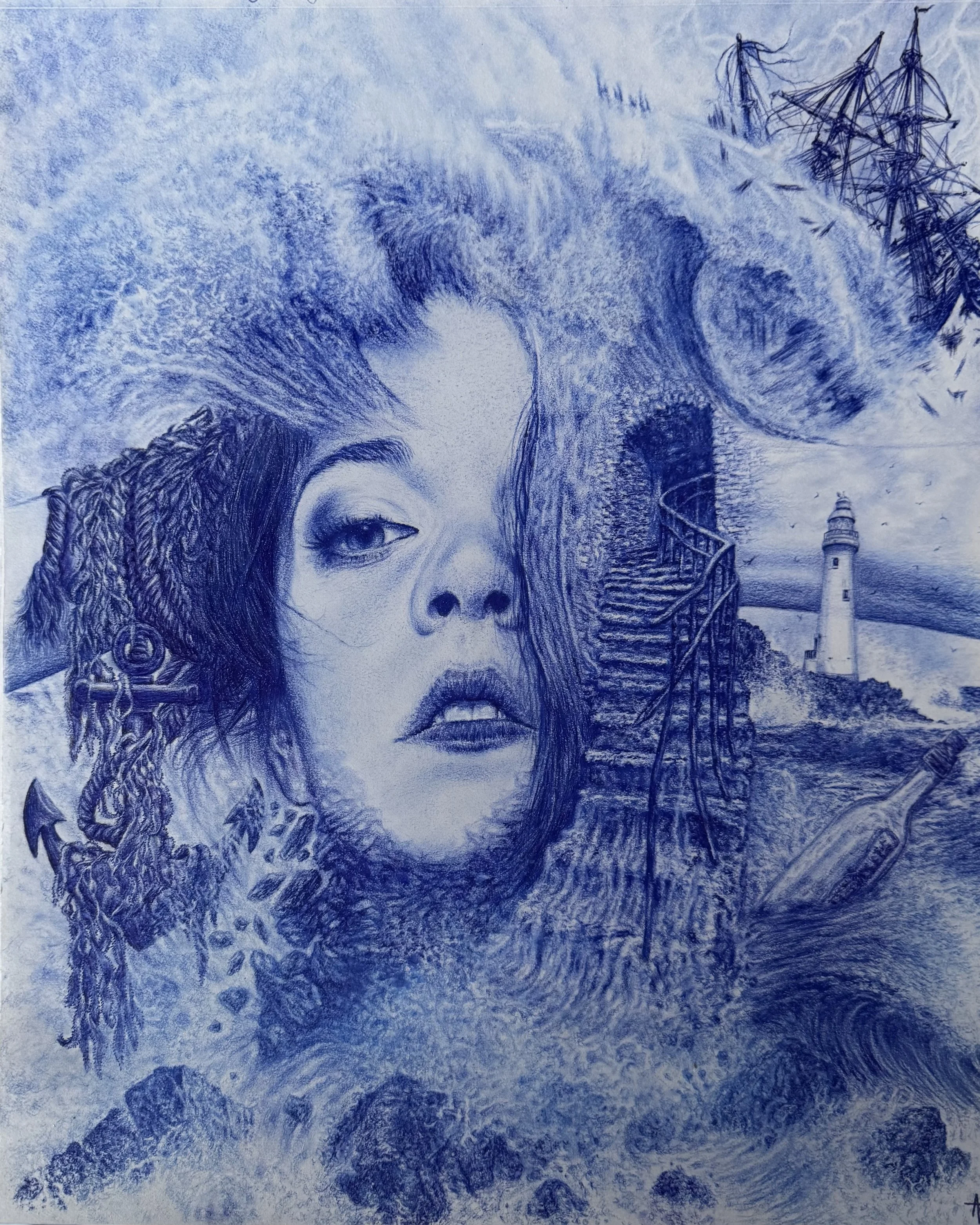 Breakers, 2024, blue pen and colored pencil, 17 inches by 14 inches.