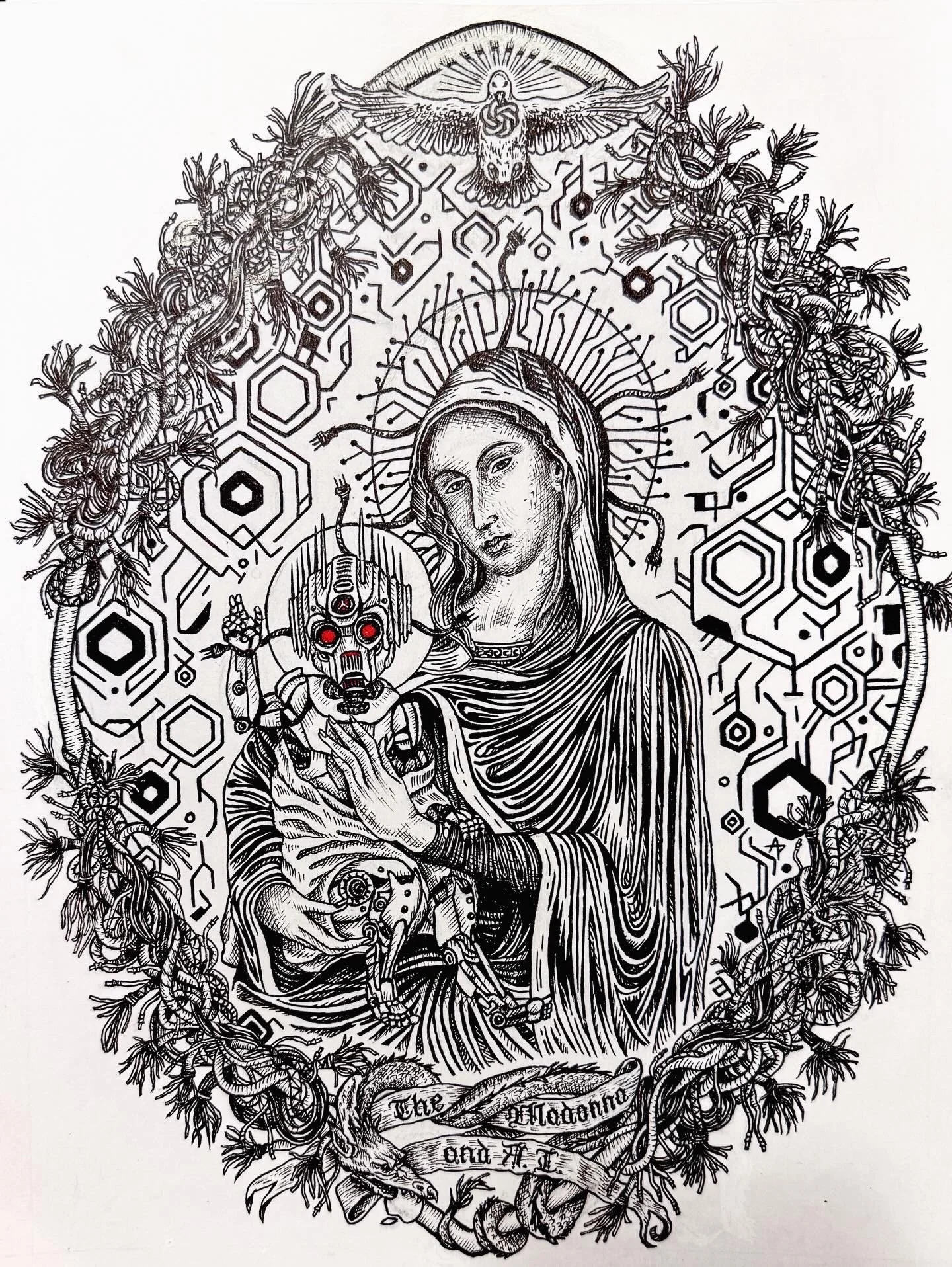 The Madonna and A.I. , 2025, pen and ink, 8 inches by 10 inches.