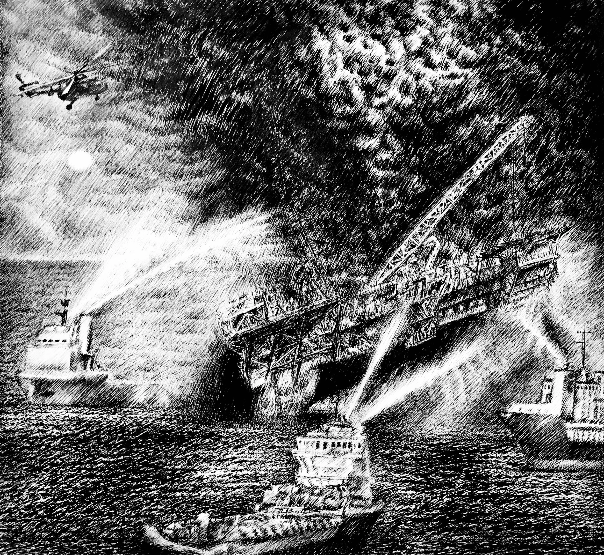 F is for Fossil Fuels, 2015, pen and ink, 9.5 inches by 11 inches.