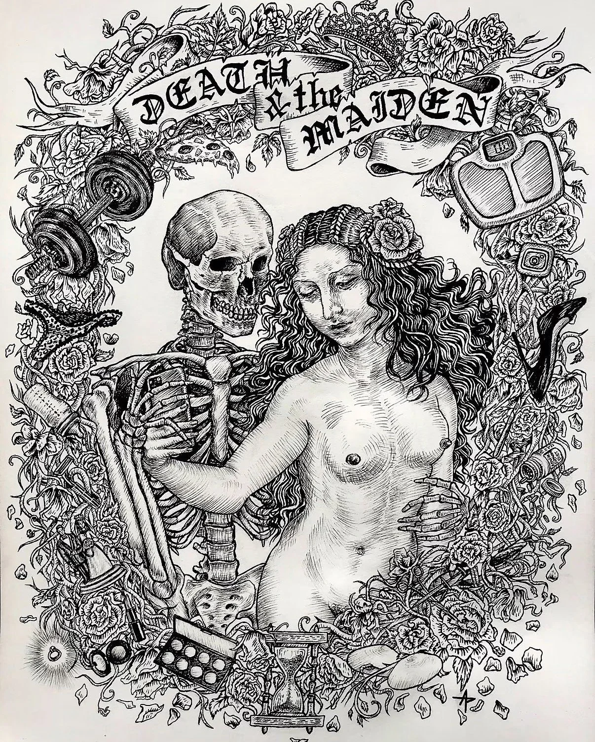 Death and the Maiden, 2023, 9 inches by 12 inches, pen and ink.