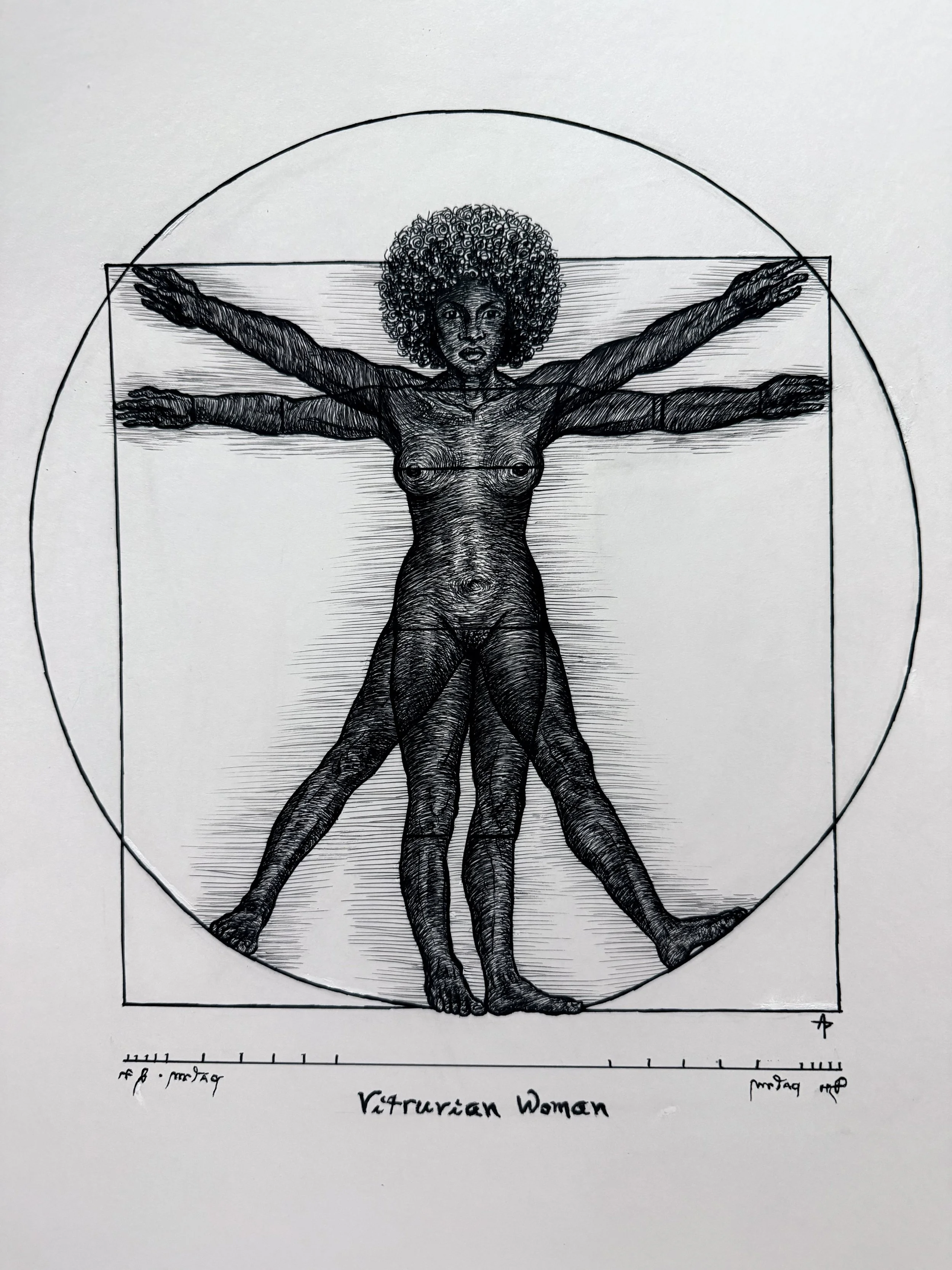 Vitruvian Woman. 2025, pen and ink, 8 inches by 10 inches.