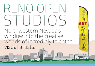 Poster for Reno Open Studios Exhibition. Reno buildings, illustration of downtown reno with Open Art Studios flag.