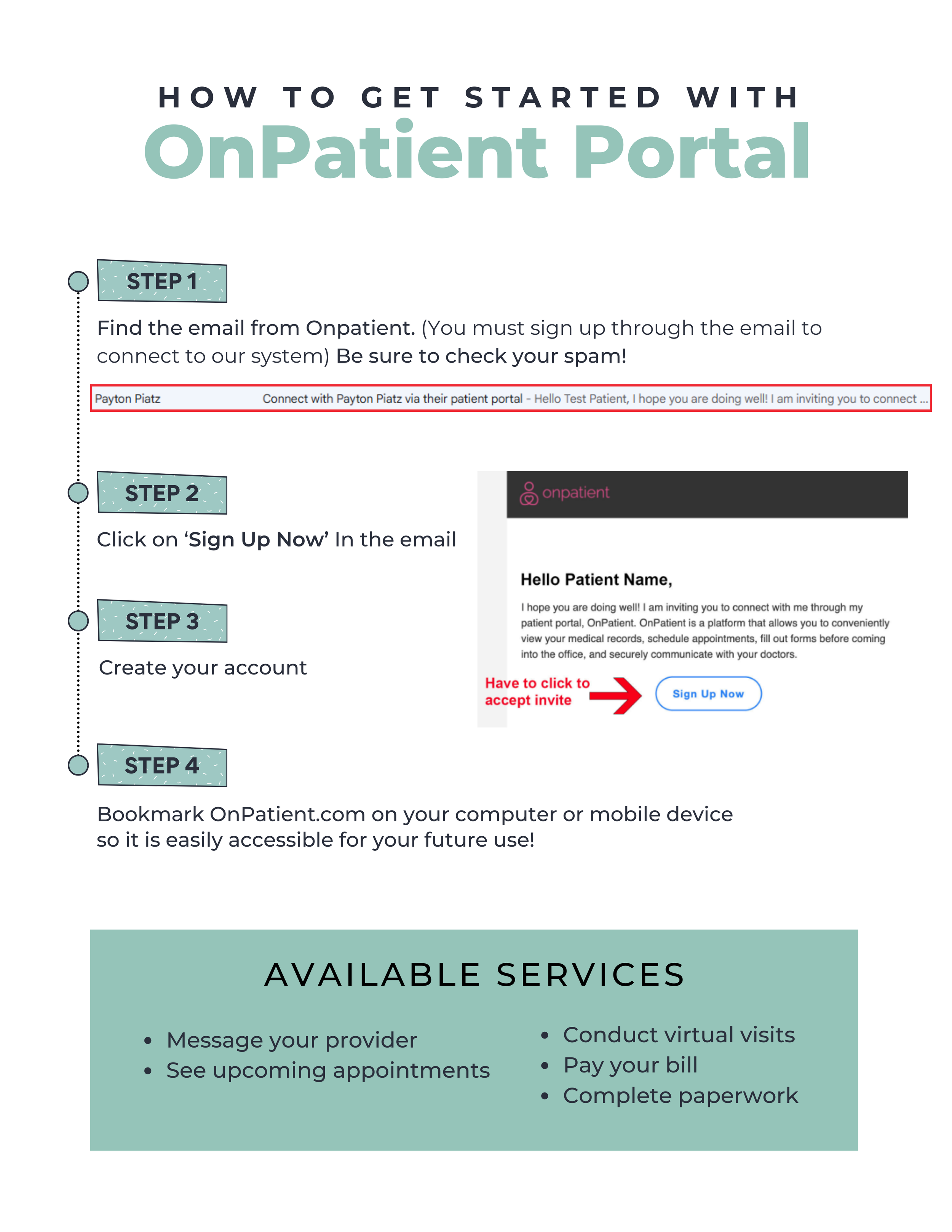 Step by step instructions showing how patients at Progress Weight Management log into the OnPatient portal, click the Check In button under appointments, complete onboarding forms, sign consent forms, and finish their appointment check in.