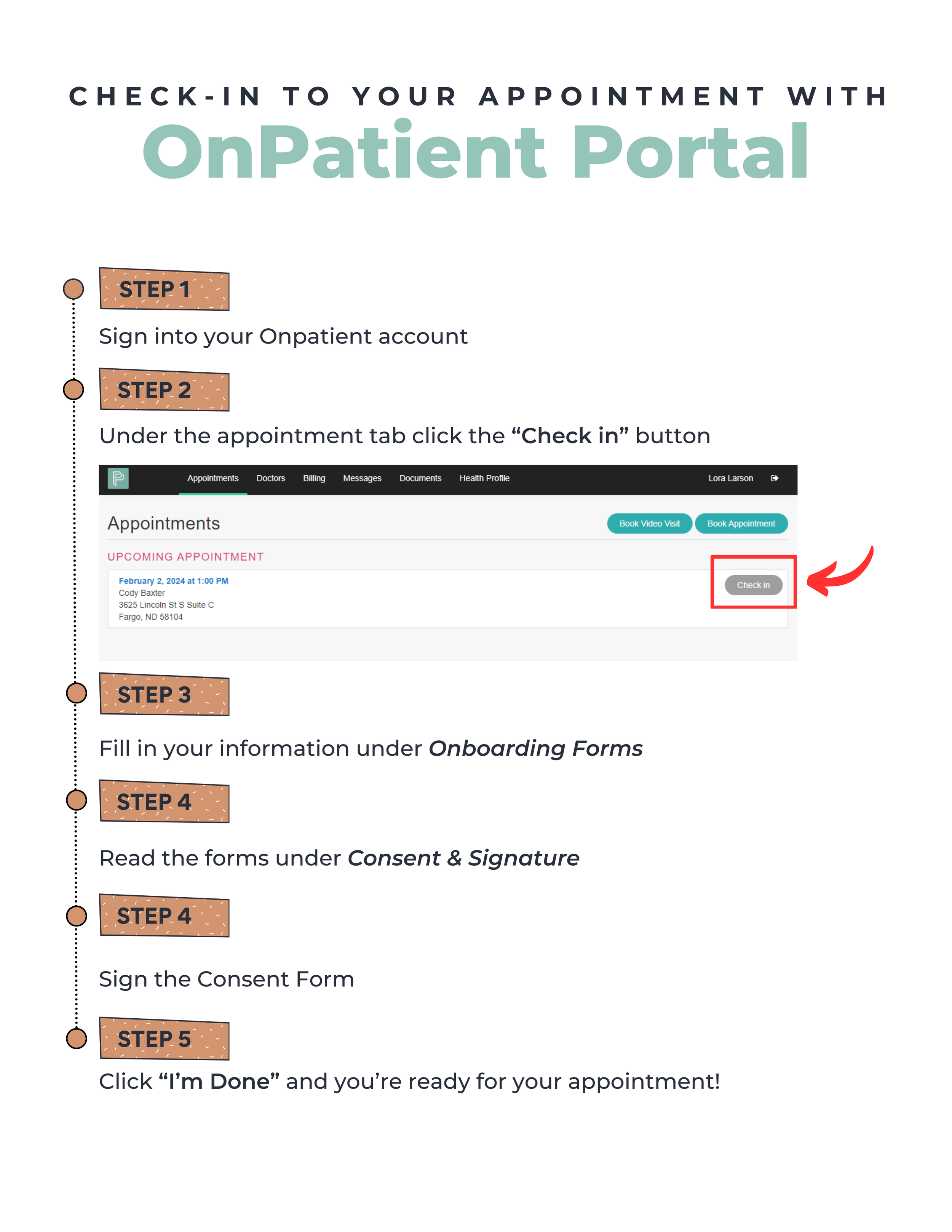 Step by step instructions showing how patients at Progress Weight Management log into the OnPatient portal, click the Check In button under appointments, complete onboarding forms, sign consent forms, and finish their appointment check in.