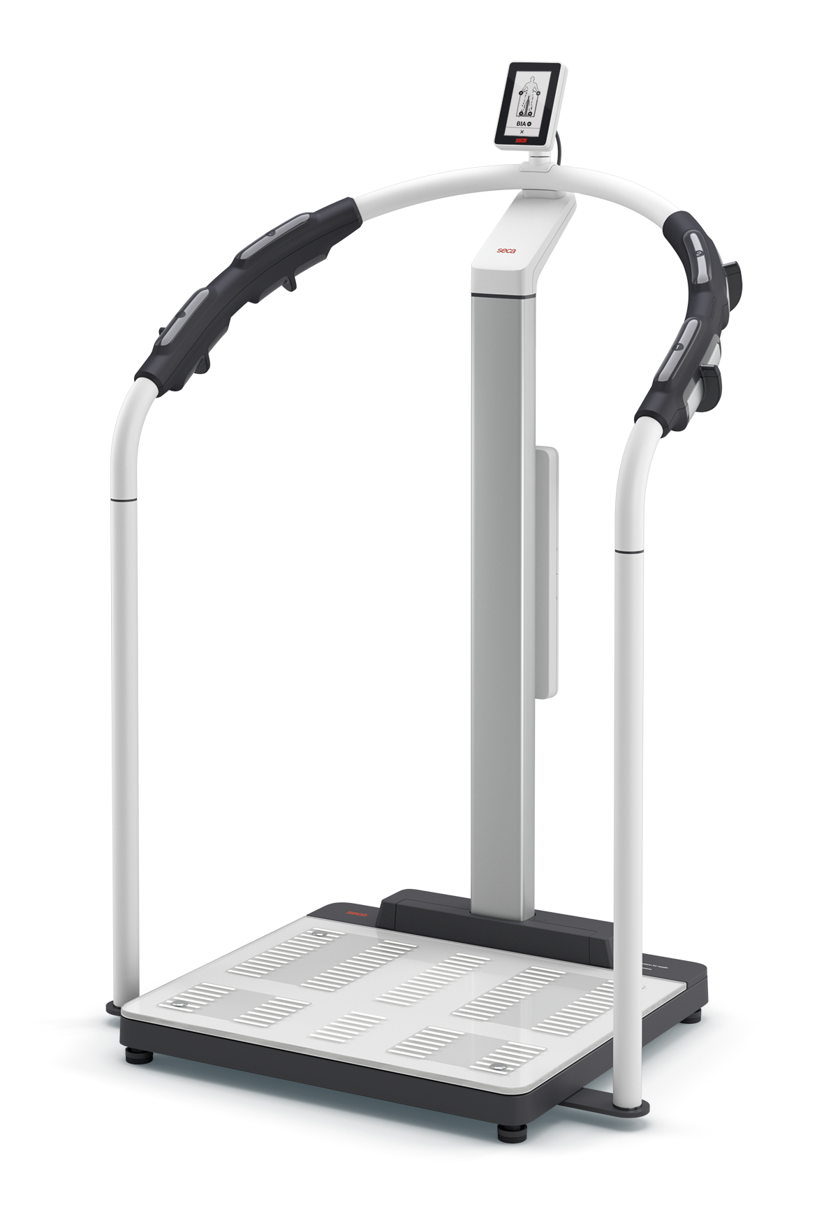 Body composition analyzer with handrails and digital display showing BMI, used for medical weight management assessments.