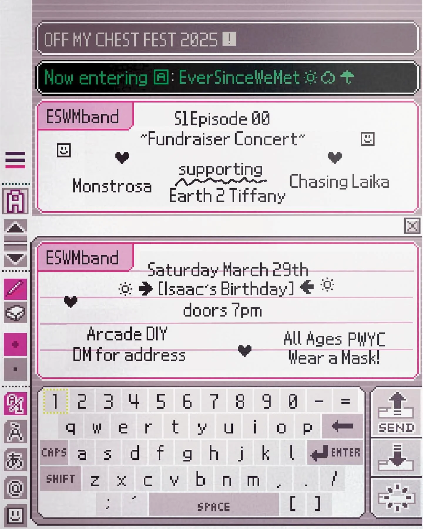 Hey! We&rsquo;re a band called Ever Since We Met from Toronto! Our first show is Off My Chest Fest 2025 supporting our friends @chasing.laika @monstrosaband @earth2tiffany @calypsochromatic 
Please join us for the pilot of our new show&hellip;
#toron
