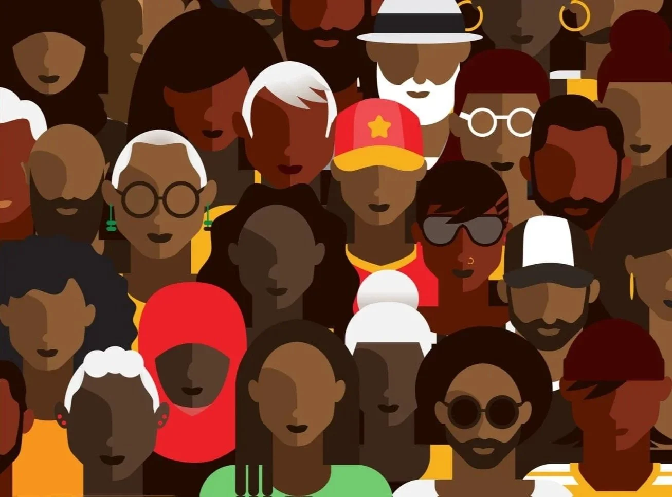 Illustration of a diverse crowd of people with various hairstyles, skin tones, and accessories, representing unity and diversity.