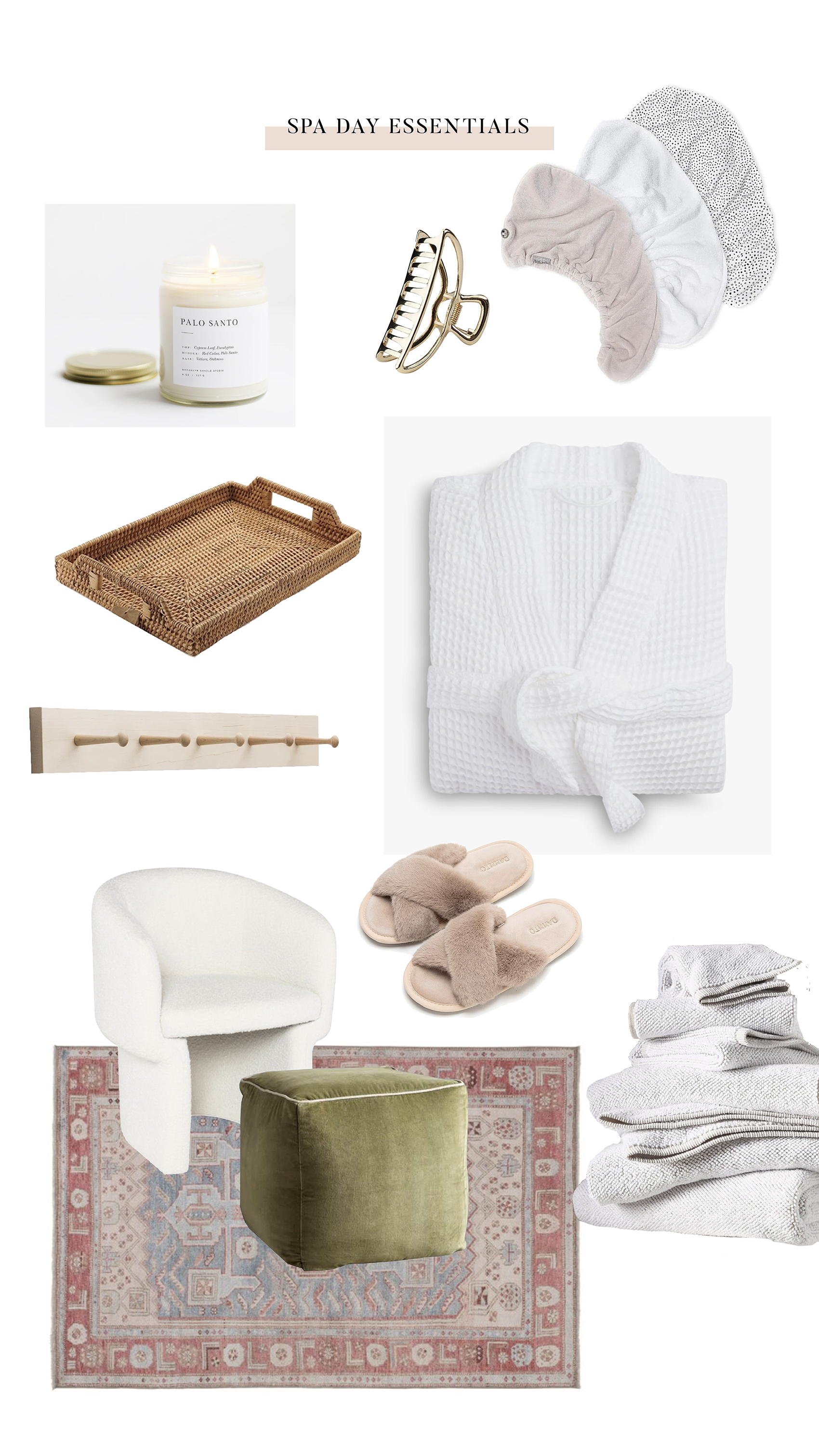 A collection of spa day essentials including a lit candle, hair clips, disposable hair caps, a wicker tray, a wall hook, a white bathrobe, slippers, a white chair, a green ottoman, a patterned rug, and folded towels.