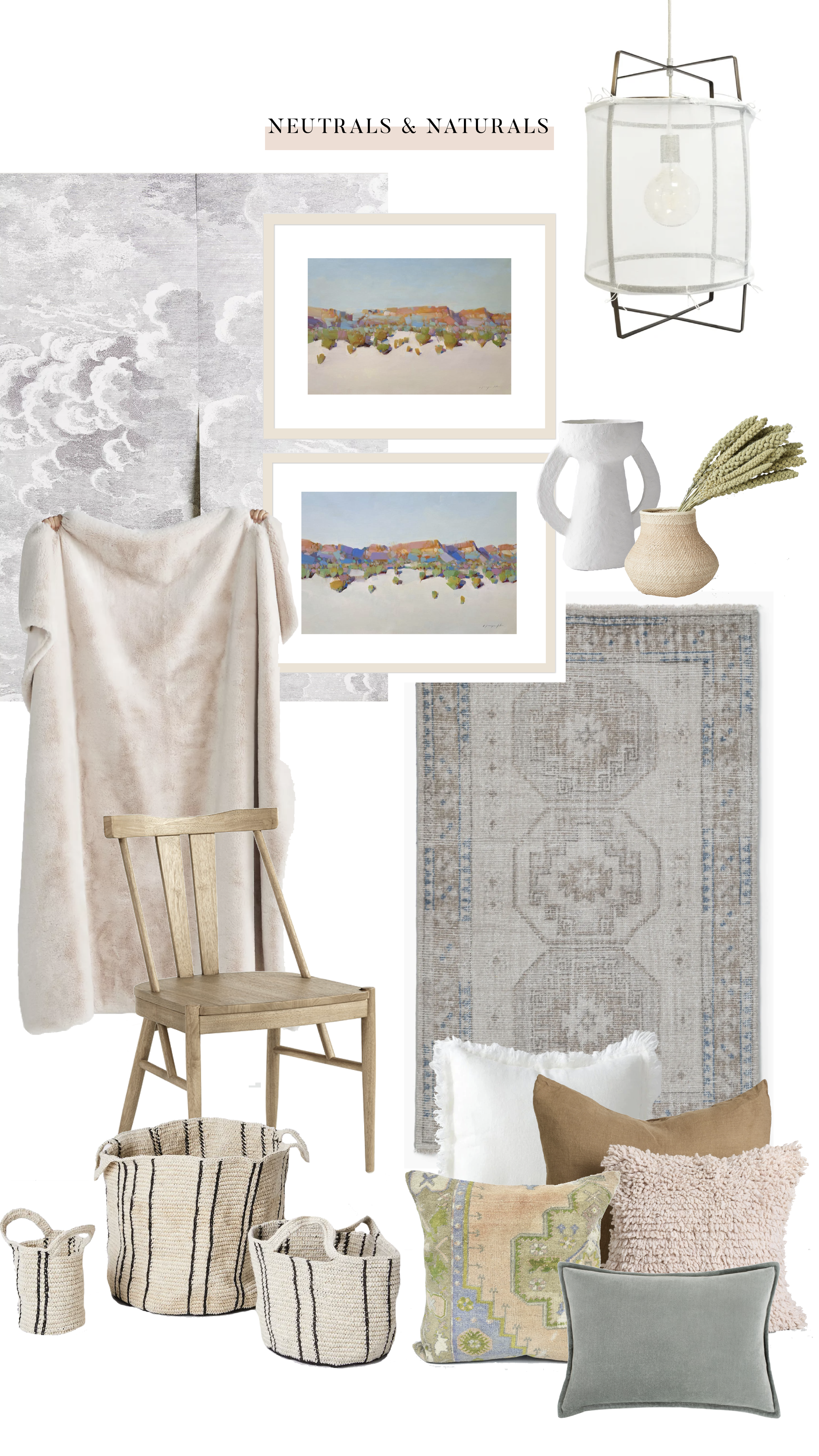 A collage of neutral-themed home decor items including artwork, a hanging light fixture, vases with dried plants, a cream-colored plush throw, a wooden chair, a patterned rug, decorative pillows, and woven storage baskets.
