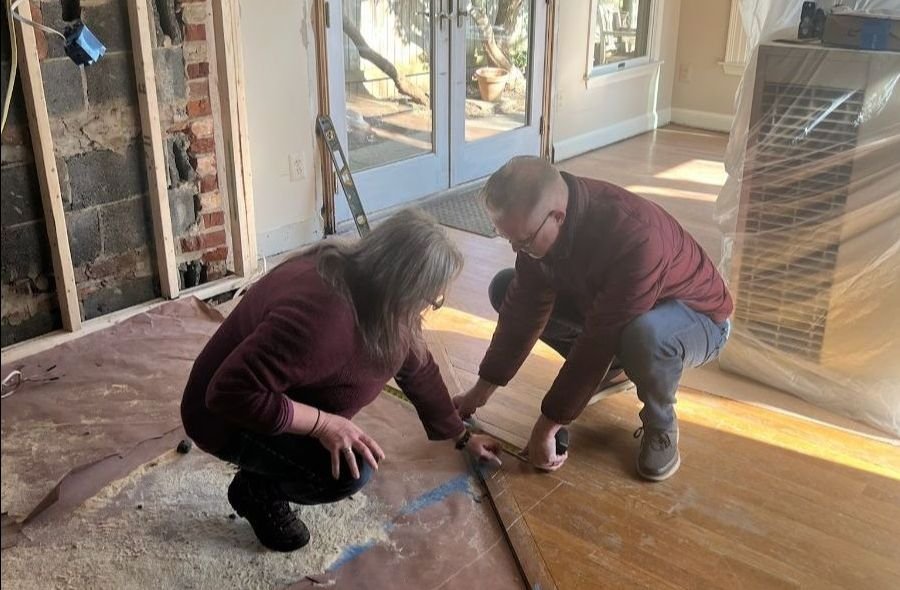  sketching the location for the kitchen island on the floor 