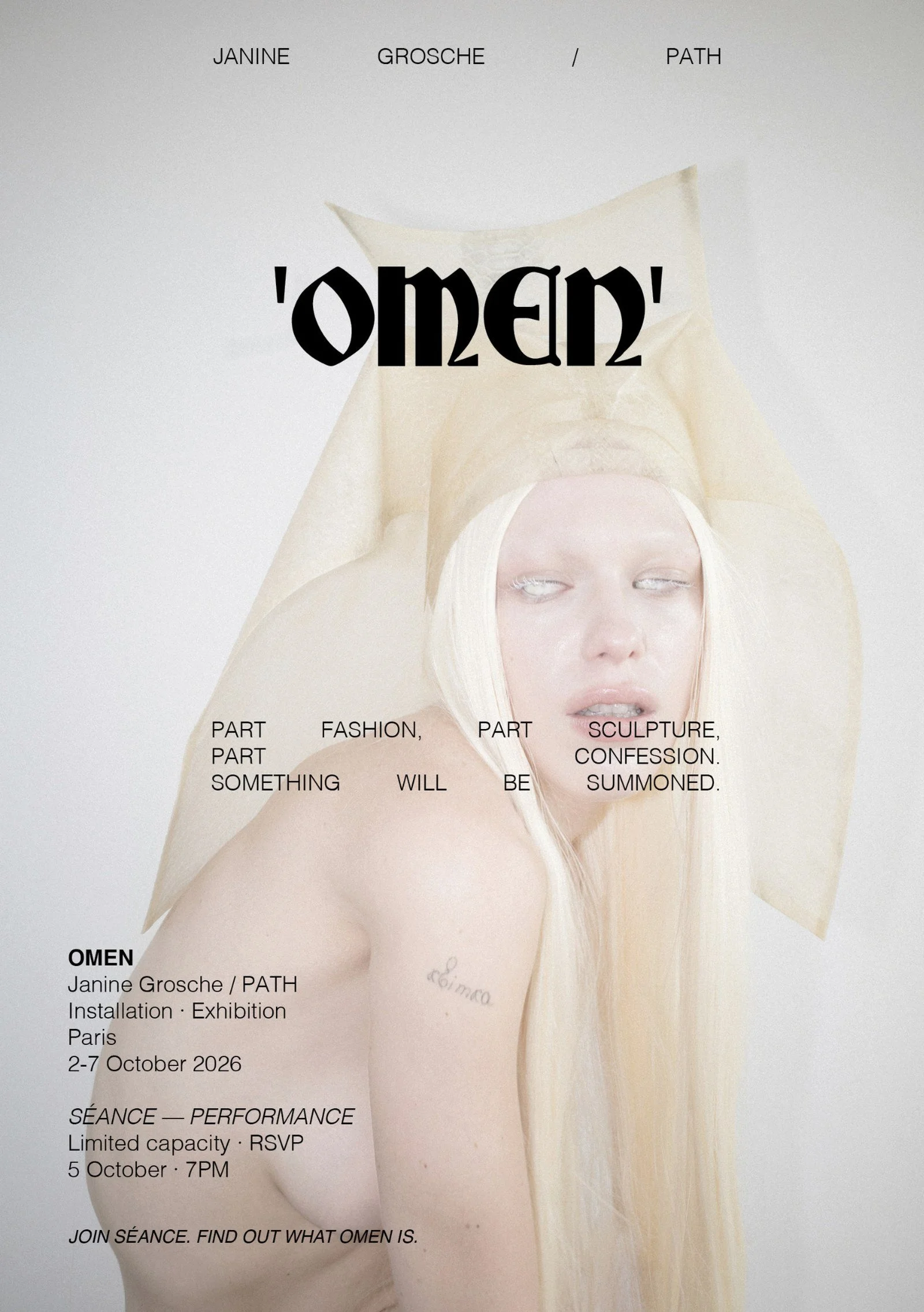 OMEN Paris 2026 by Janine Grosche / PATH — installation, exhibition and SÉANCE performance featuring translucent latex headpiece