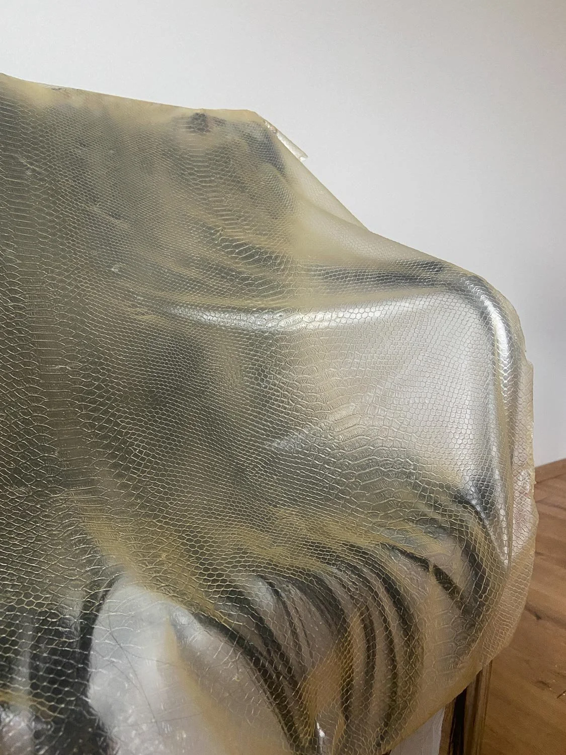 ranslucent snake skin latex material developed from natural liquid latex by Janine Grosche / PATH, draped over a sculptural form