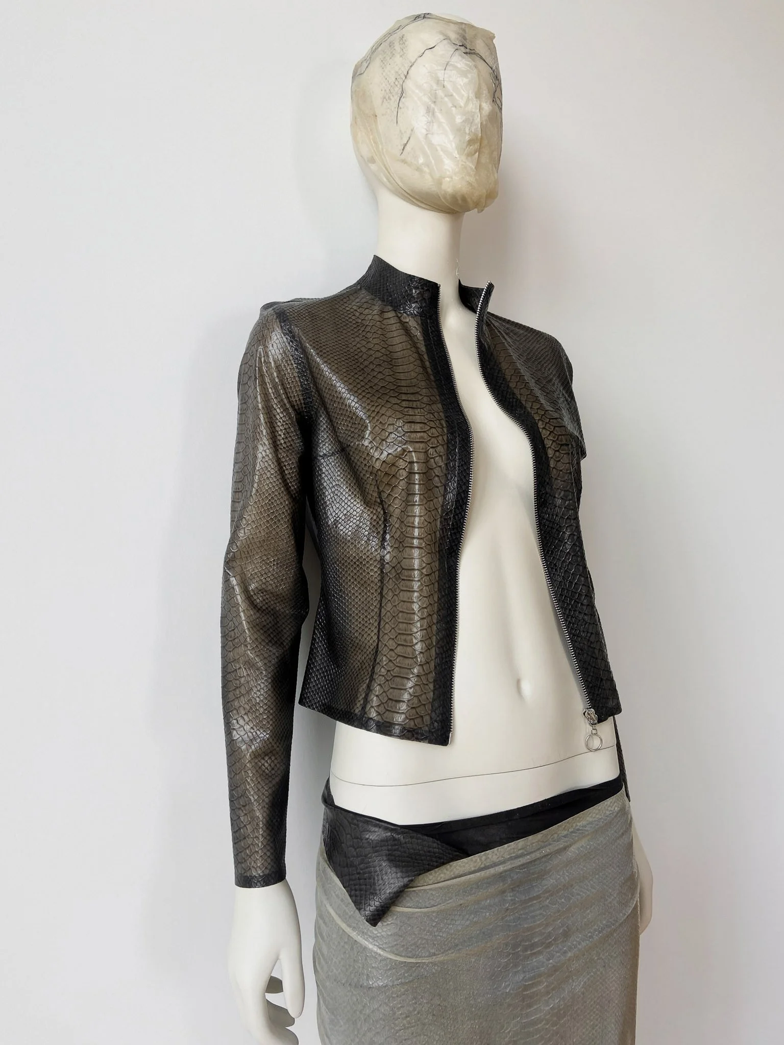 'OMEN' — Viper Zip Jacket / Semi Translucent Black Snake Skin Latex