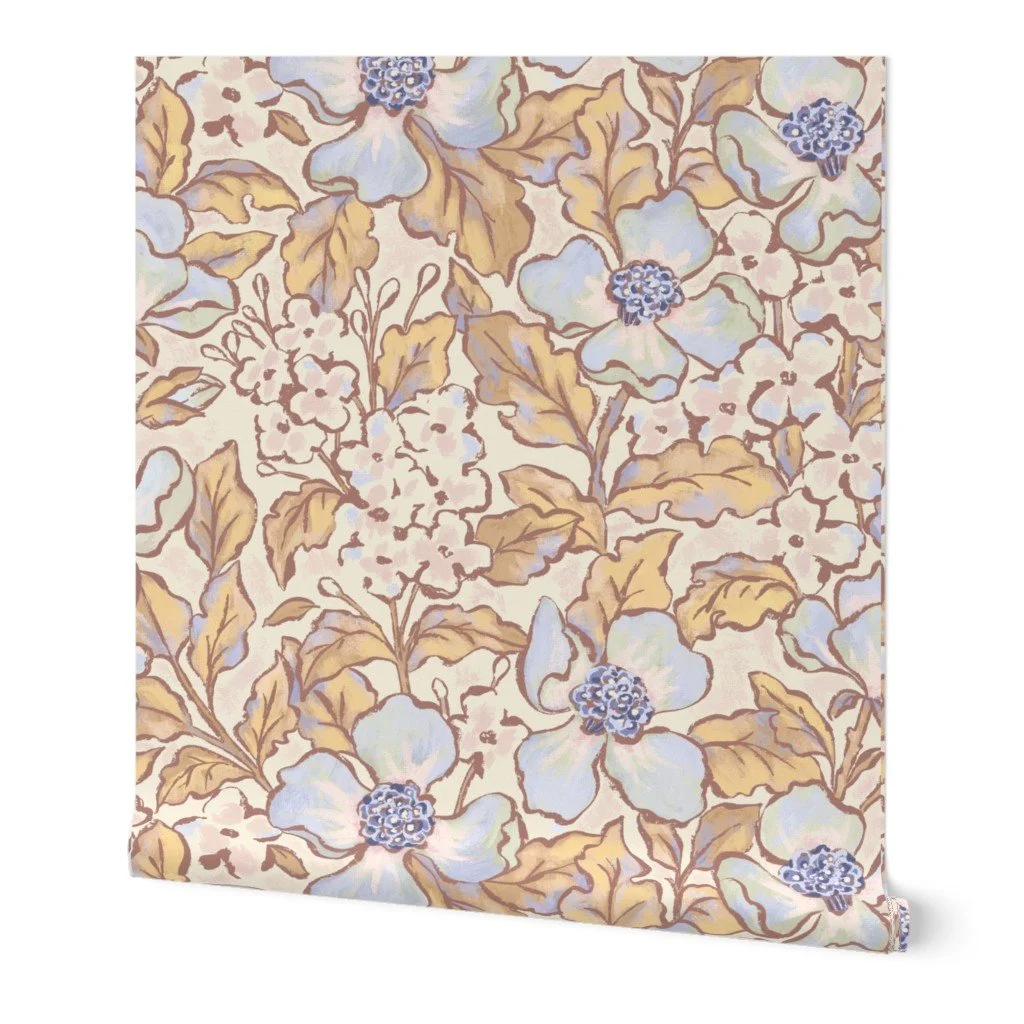 Elegant Liberty floral wallpaper featuring flowing hand-drawn blue flowers and beige leaves on a light background.