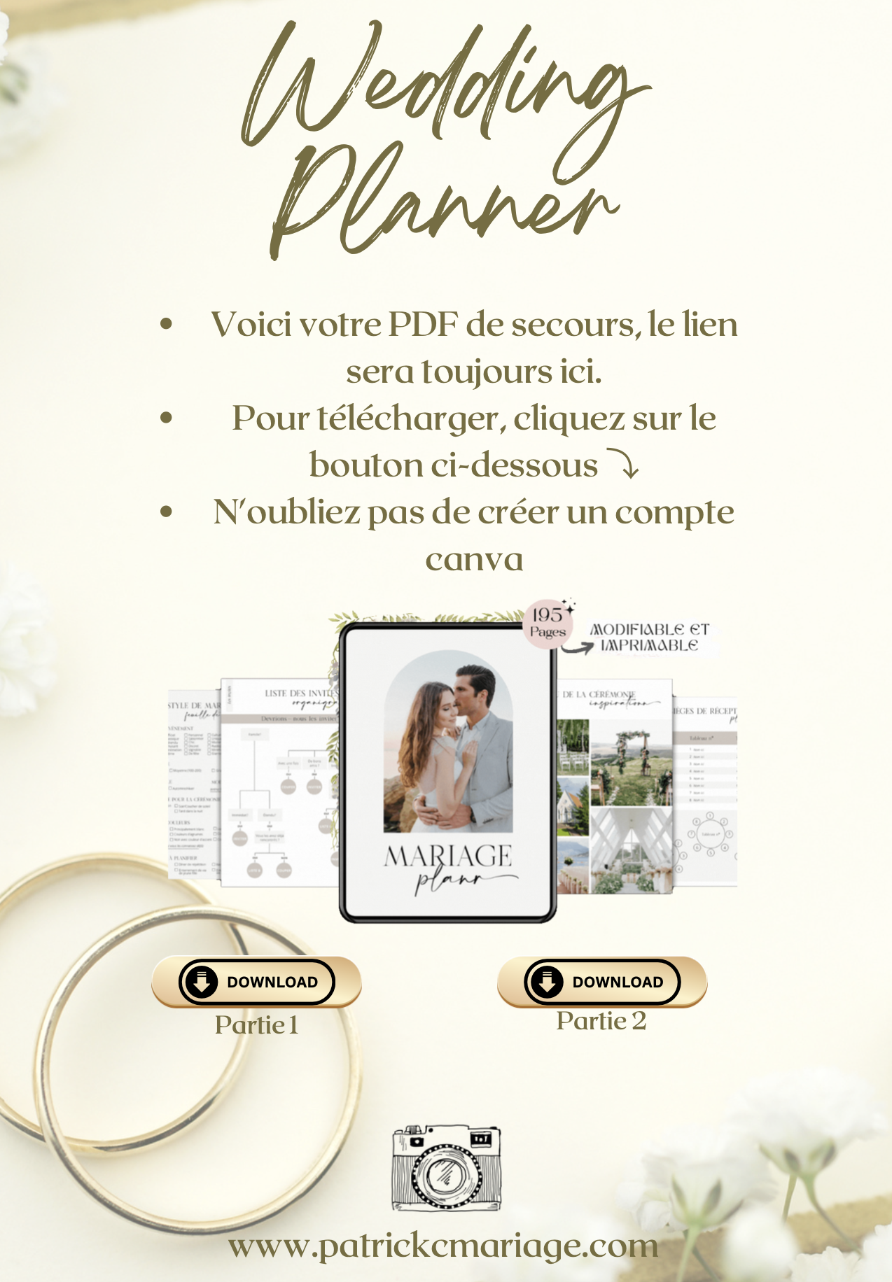 Page de planificateur de mariage avec textes en français, images de documents, un téléphone affichant une photo de couple, deux alliances en or, une icône d'appareil photo, et des fleurs blanches en arrière-plan.