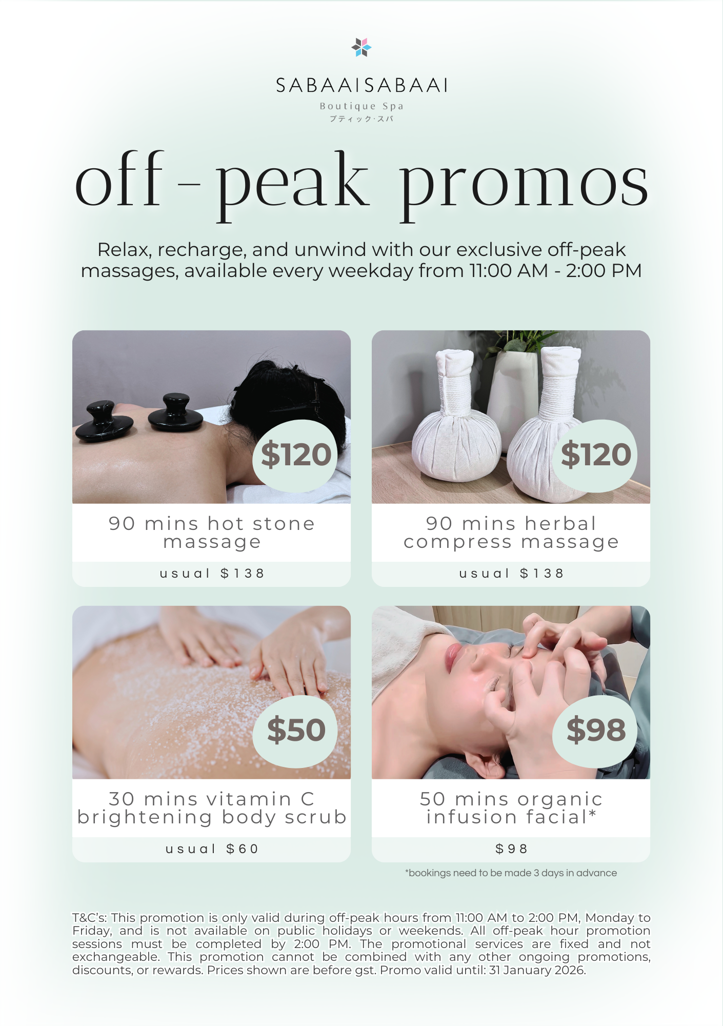 Off peak promotions - valid till 31st January 2026