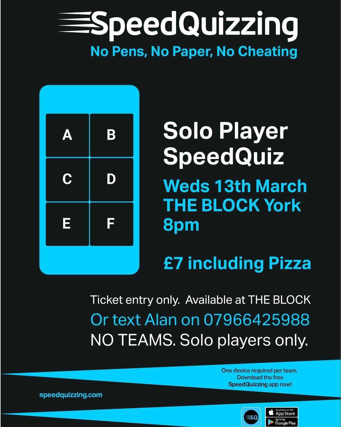 Solo @speedquizzing night is coming to The Block. It will be a trial for a new format for SpeedQuizzing hosted by @alanshed. Message Alan or The Block if you are interested. Room for 25 people only so first come first serve. Big Love 🍕🍕