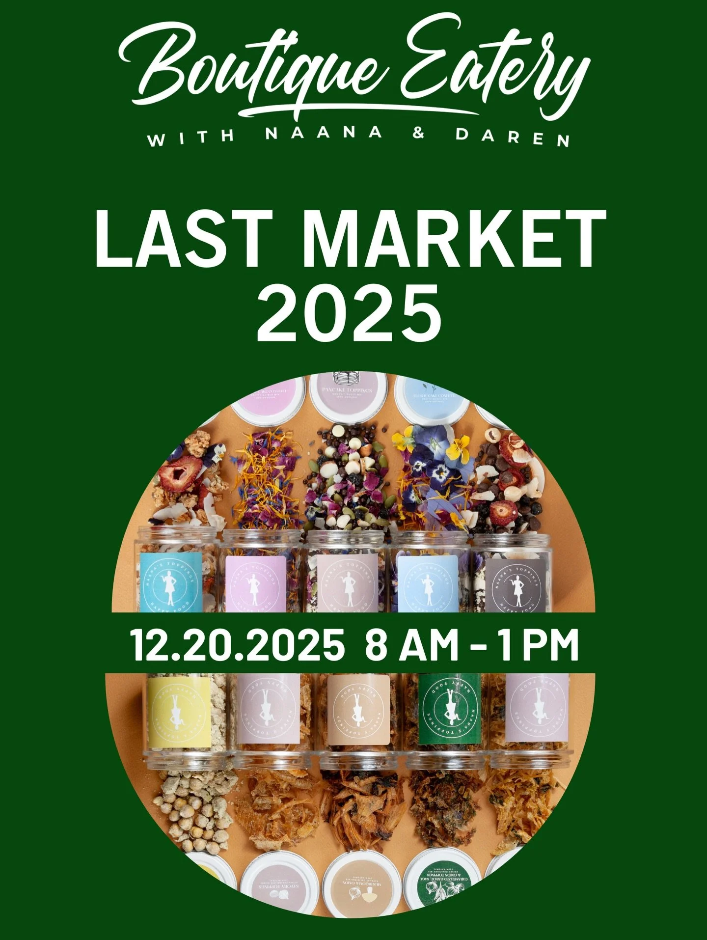 ✨ Last Market of the Year! ✨

This Saturday, December 20th is the last market of the year at the Halifax Brewery Market on Lower Water Street!

We will be on the Upper Courtyard from 8am - 1pm. 

We&rsquo;ll be there with our delicious food toppings,