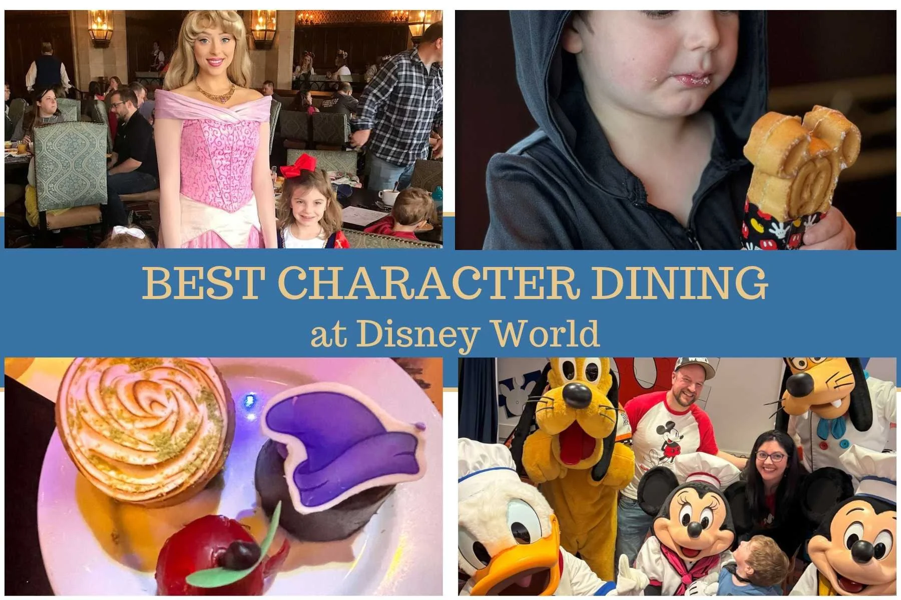 A cover photo for the article about best character dining at disney world. The title is in the middle and there are four pictures of food and characters around it.