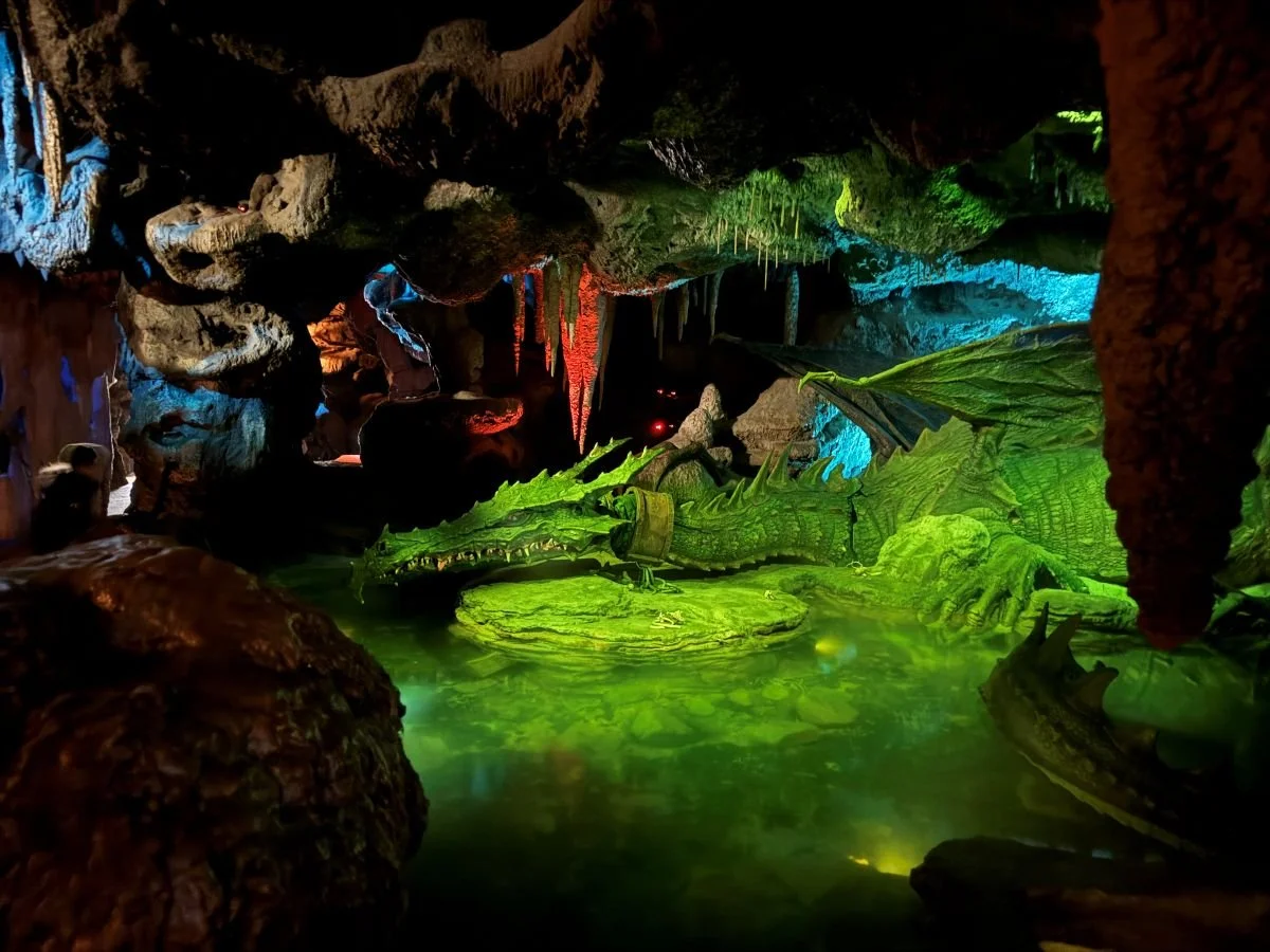 A green dragon animatronic in a cave beneath the sleeping beauty castle in disneyland paris. It's laying in a pool of water with long thin head, forefeet, and wings visible. it has a chain collar around it's neck.