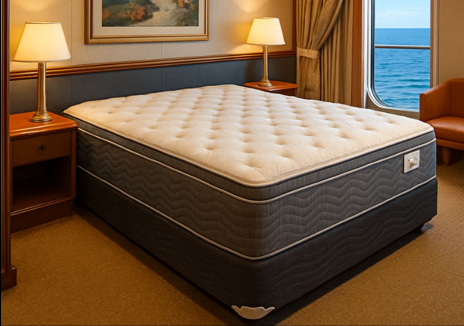 The picture shows a bare pillowtop mattress in a cruise room. It is the Biscayne Diamond Eurotop Plush that is used on the Disney Cruise line.