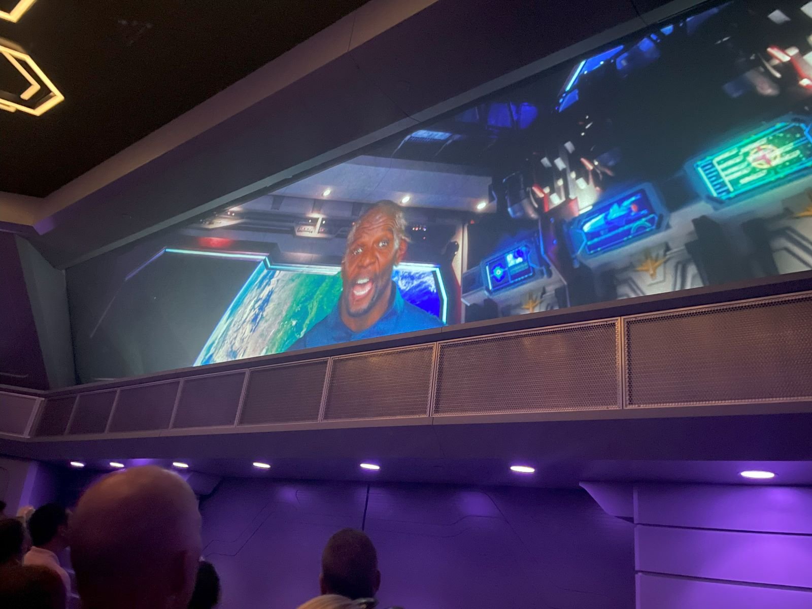 An image of Terry Crews making a crazy face during the preshow for Guardians of the Galaxy: Cosmic Rewind preshow during After Hours for EPCOT at Disney World.