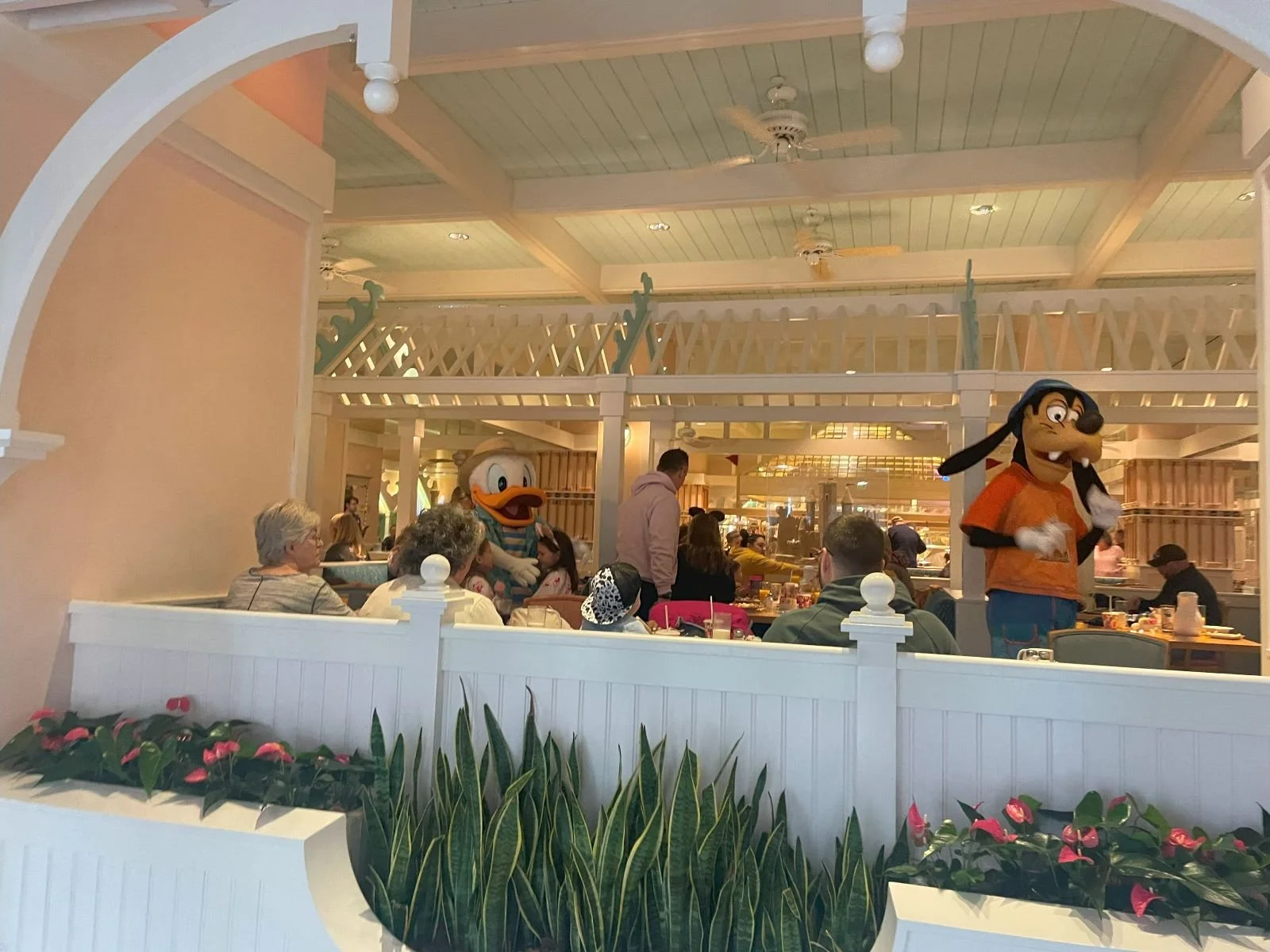 A view into the dining room at Cape May Cafe. You can see Donald hugging a little girl and Goofy interacting with another table.