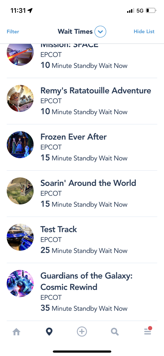 A screenshot of the wait times for rides at EPCOT during and Disney After Hours events. You will never see these rides have this little of a wait time. Even Guardians of the Galaxy: Cosmic Rewind is only 35 minutes. Everything else is under 30 min