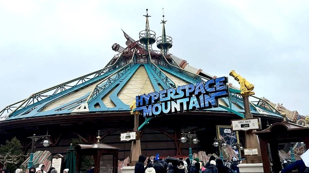 The entrance to hyperspace mountain in Disneyland Paris. At first glance it looks like a circus tent, but then you see the steampunk metal and gadgets adorning it.