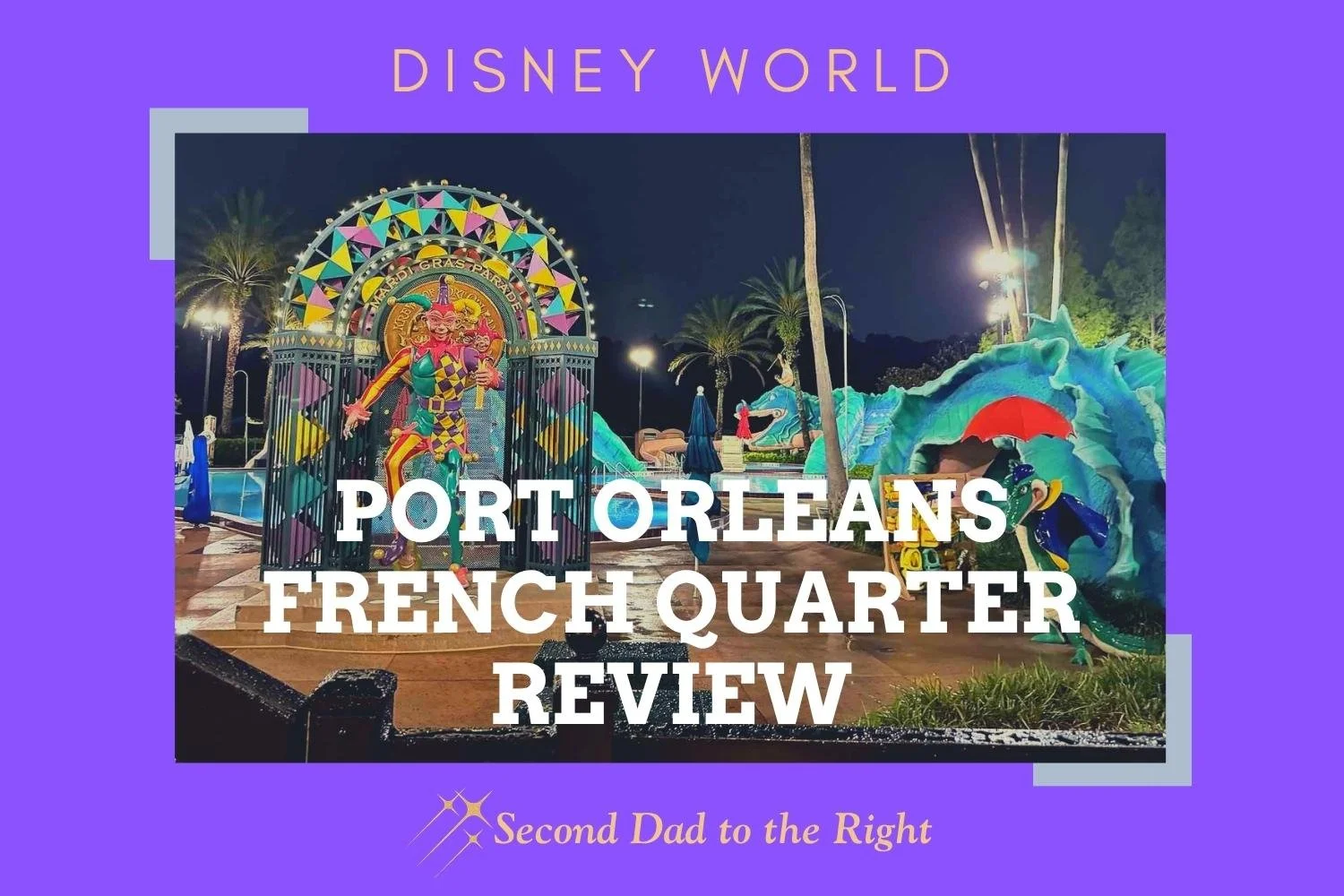 The title image for an article on Port Orleans Riverside. It has a picture of the Mardi Gras themed pool with jester and sea monster water slide behind it.