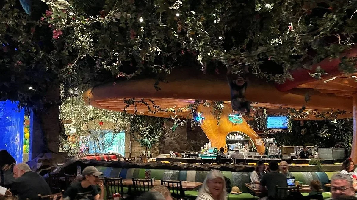 The interior of Rainforest cafe is dark jungle themed, with lots of foliage, animatroninc animals, and tropical aquarium.