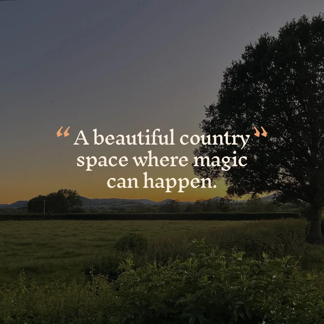 Sunset over a countryside landscape with trees, fields, and distant hills, featuring a quote about the beauty of country spaces.
