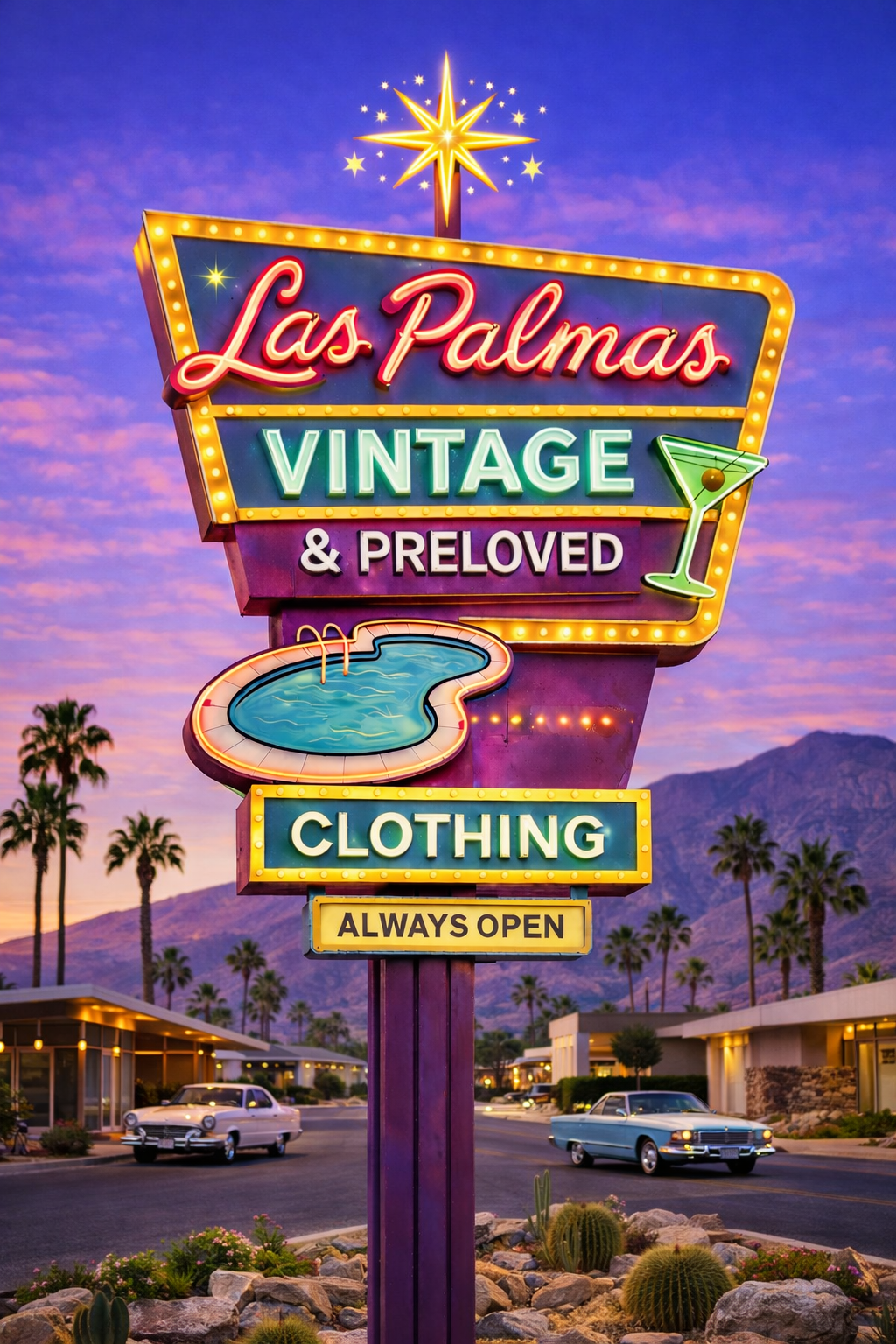 Las Palmas Vintage neon sign on a purple-to-peach gradient hero