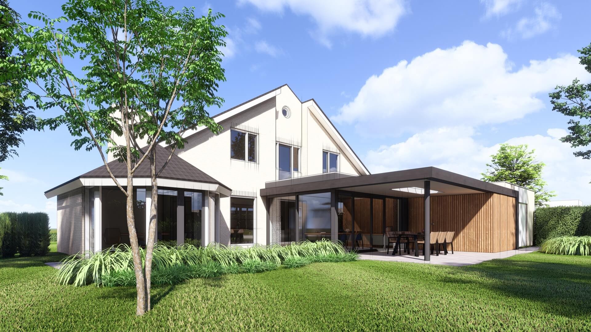 Verbouwing van een woonhuis in Valkenswaard. De leefkeuken wordt uitgebreid en er komt een groot overdekt terras. De materialisatie in glas, staal en hout zorgt voor een luxe sfeer.