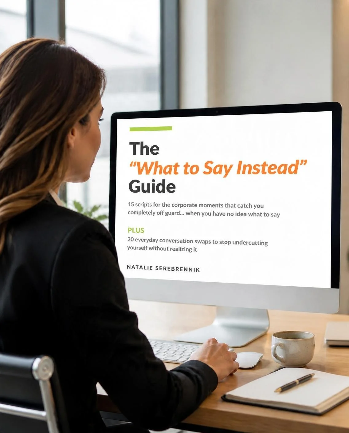 A woman working at a desk with a computer, viewing a guide titled 'The What to Say Instead Guide' about corporate communication